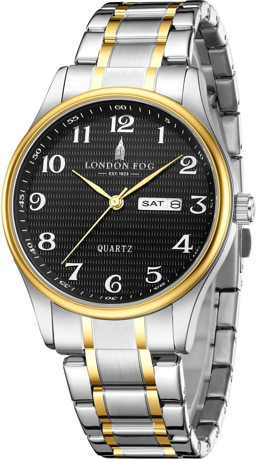 London Fog Black Round Dial, 2 Tone Silver Gold Stainless Steel Strap, Day Date Display Carnaby Collection Black Round Dial 2 Tone Silver Gold Strap Day Date Display Analog Watch  - For Men