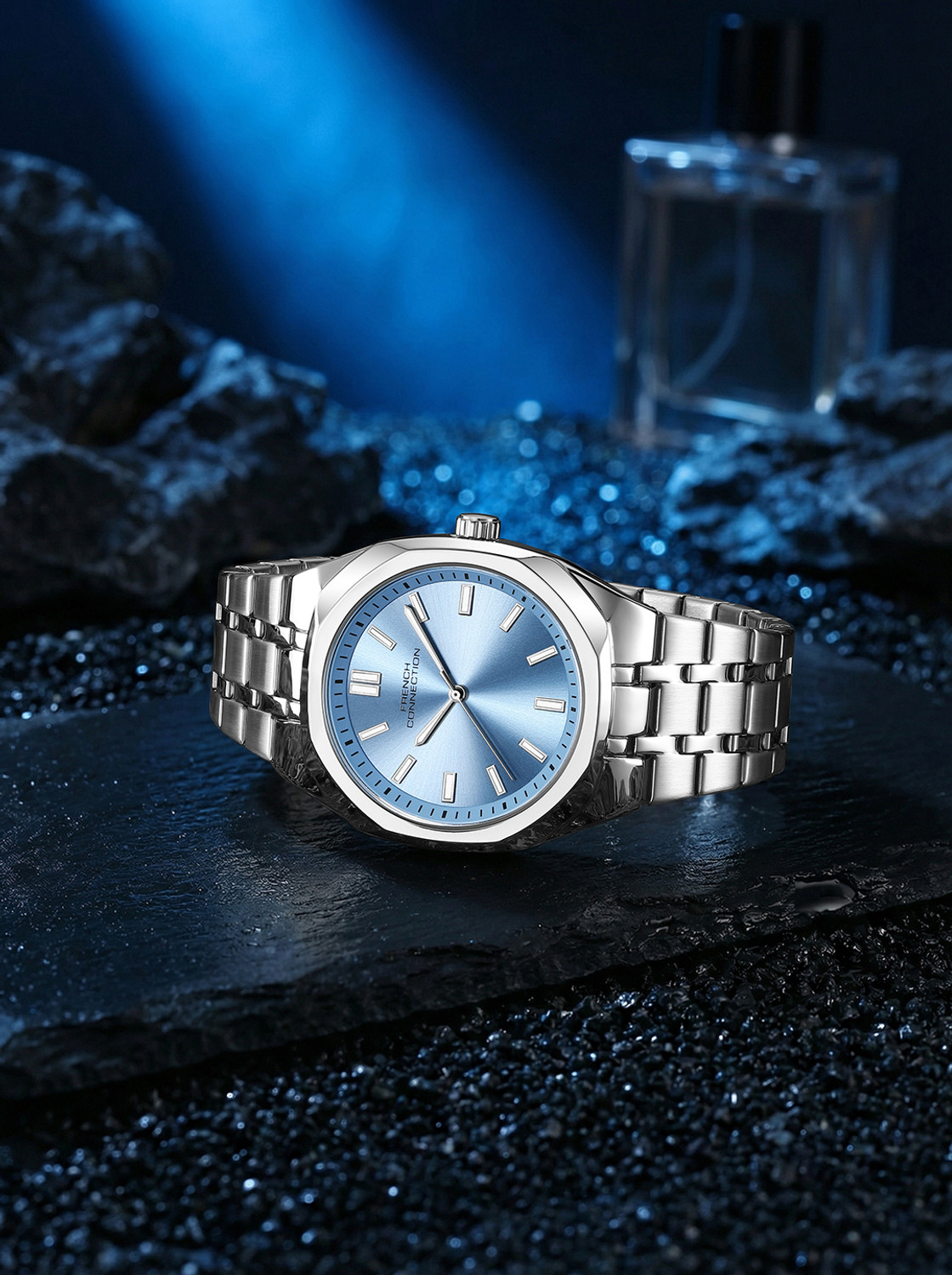 Image of French Connection LUMIERE Blue Sunray Contemporary Dial | Silver Stainless steel QUARTZ Watch for Men Analog Watch - For Men