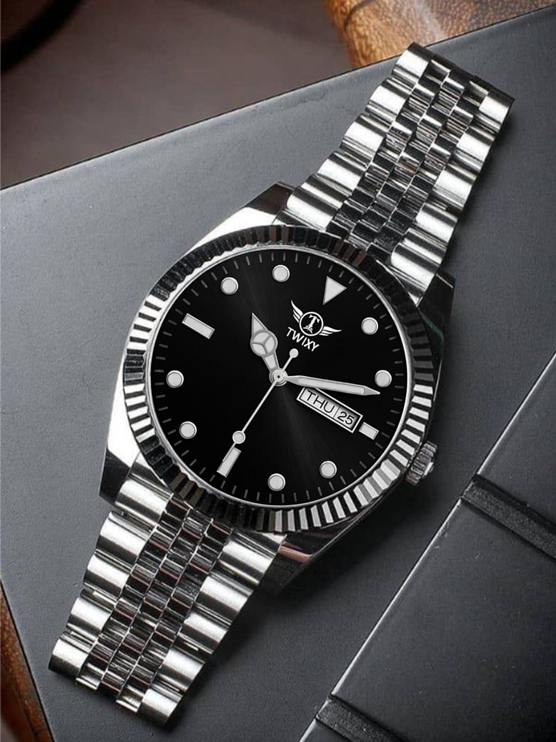Image of TWIXY TYW-8 Silver-Black TWIXY Sea‑Dweller Series Day-Date Display Function Black Dial Steel Analog Watch - For Men