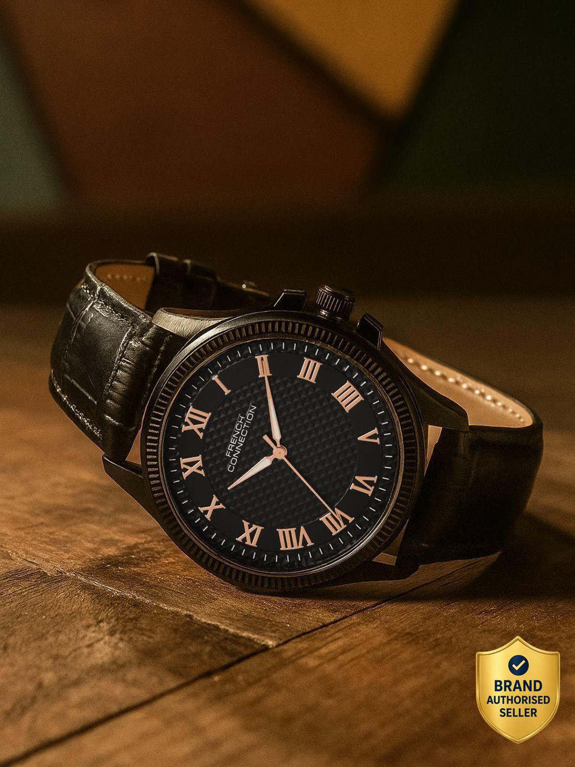 Image of French Connection Roman Number Black Textured Dial | Men's Black Analog Watch Analog Watch - For Men