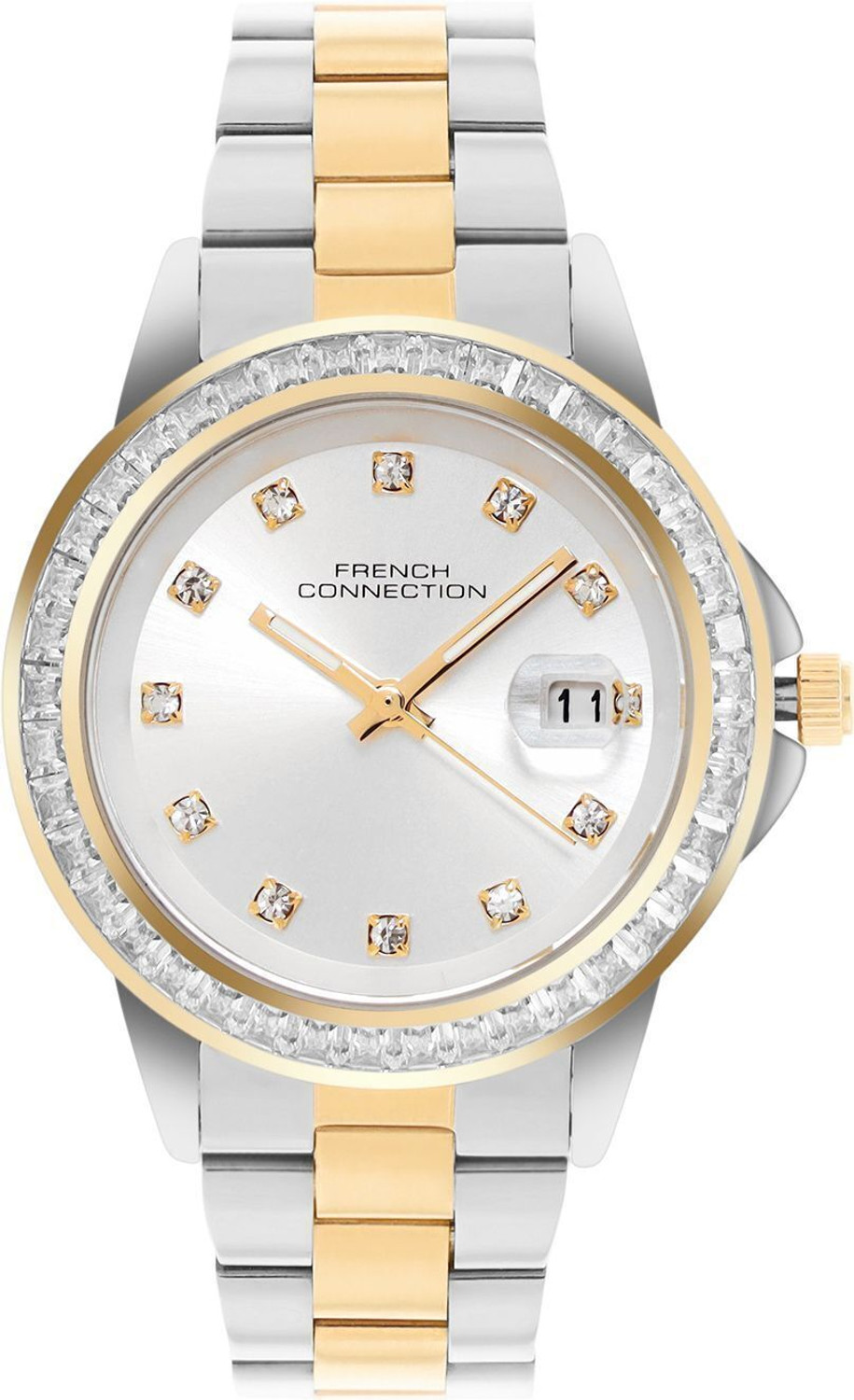 Image of French Connection Aurdate AURDATE Rhinestone Dated Silver Sunray Dial | Women's Silver Analog Watch - For Women