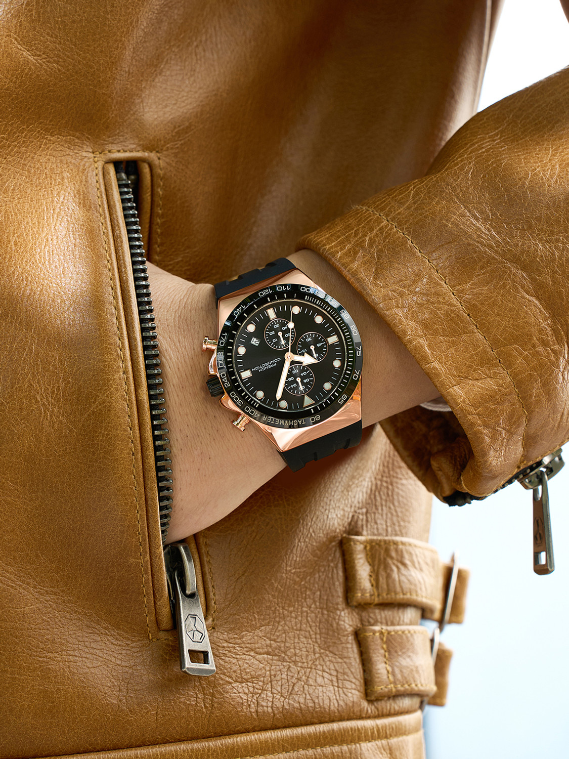 Image of French Connection Black Sunray Round Dial | Black Silicone Chronograph Watch for Men Analog Watch - For Men