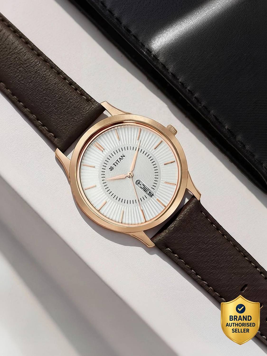 Titan Lagan Day & Date White Dial Brown Leather Strap Watch
