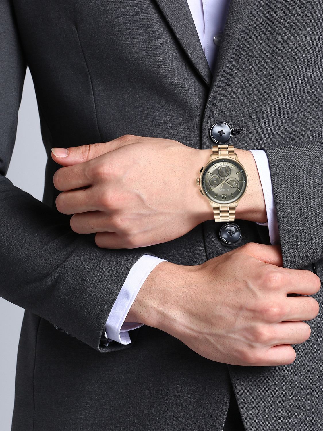 Image of Titan Titan Classique Half Cut Chronograph Titan Classique Half Cut Chronograph Qtz Anthracite Dial C Gold Strap Analog Watch - For Men