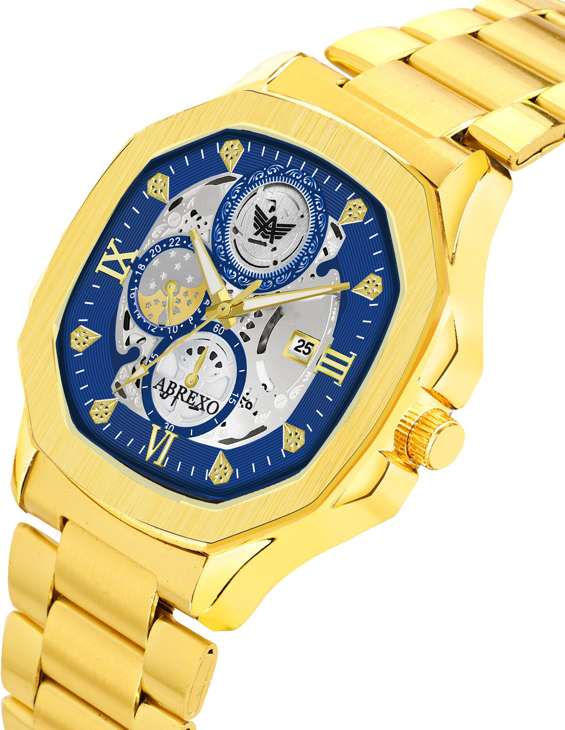 Image of ABREXO Abx8312 Blue Dial Golden Bracelets GODFATHER Square Chrono Look Blue Dial Date Working Stainless Strap For Boys Analog Watch - For Men