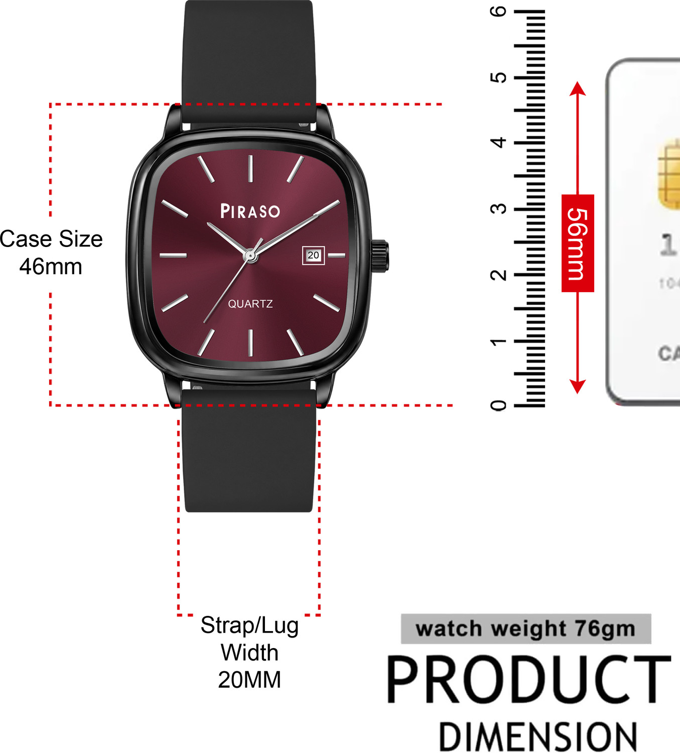 Image of Piraso Square Dial & Stainless Steel Case, Silicone Strap Analog Watch For Men Analog Watch - For Men KCOD 2042 MAROON BLACK