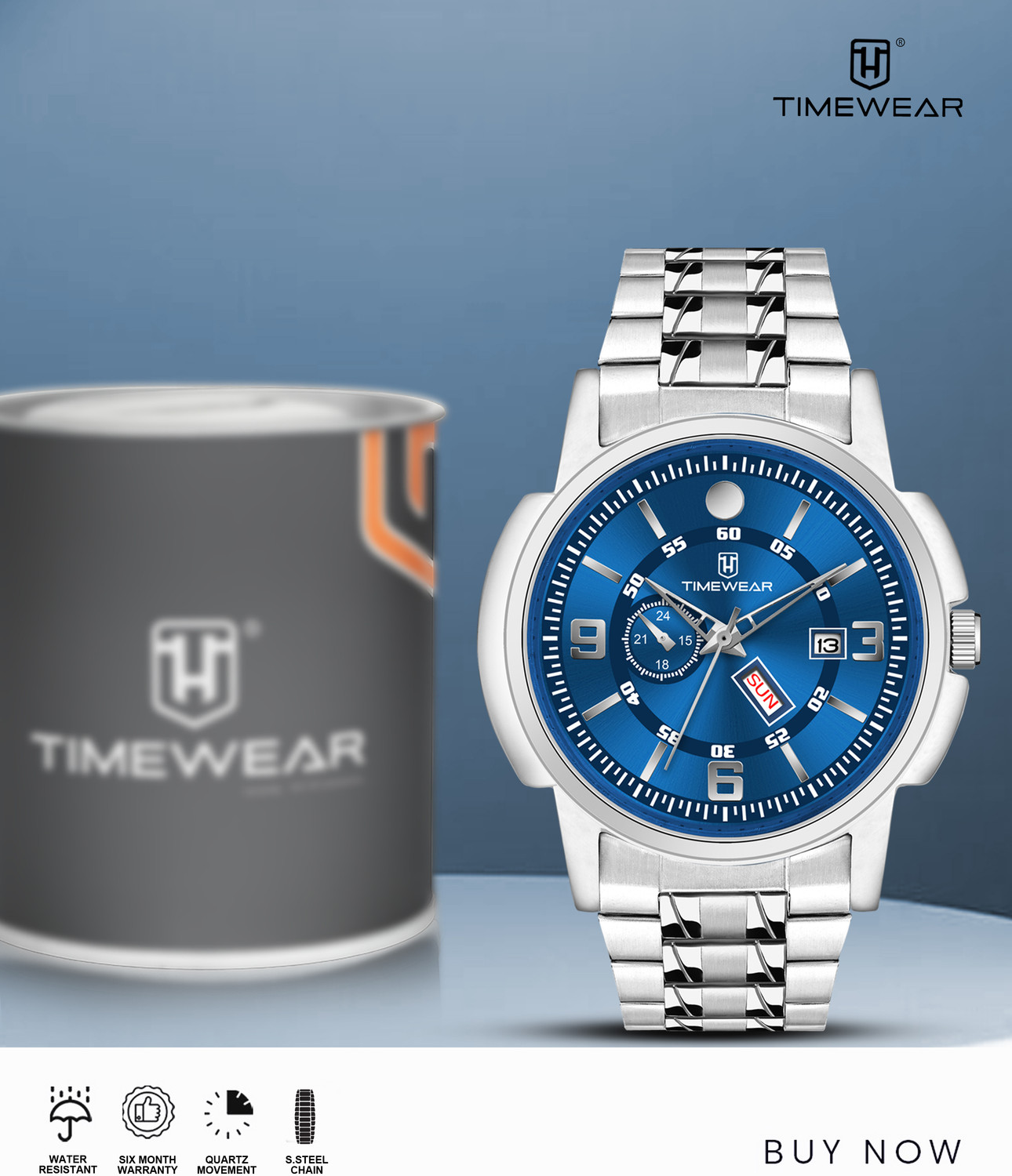 Image of TIMEWEAR 340BDTG Blue Dial Day Date Functioning Stainless Steel Chain Analog Watch - For Men