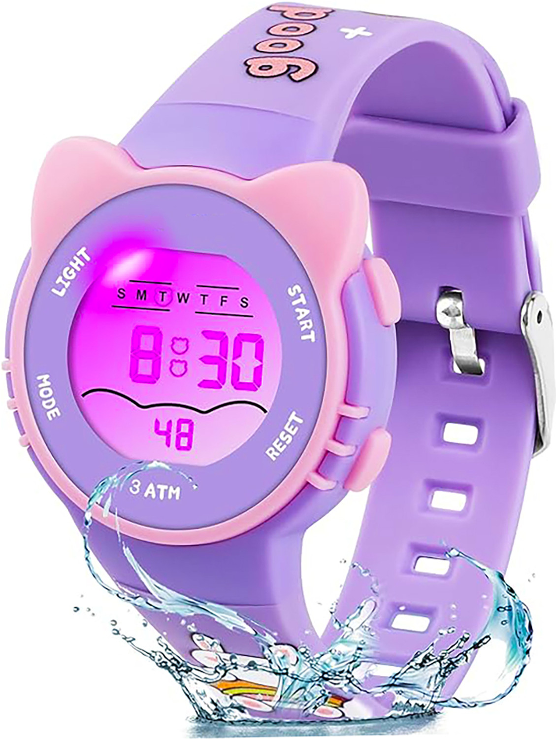 Image of Time Up Printed Strap Kitty Style Printed Cartoon Night Light & Alarm Waterproof Kids(5-13 Years) Digital Watch - For Boys & Girls