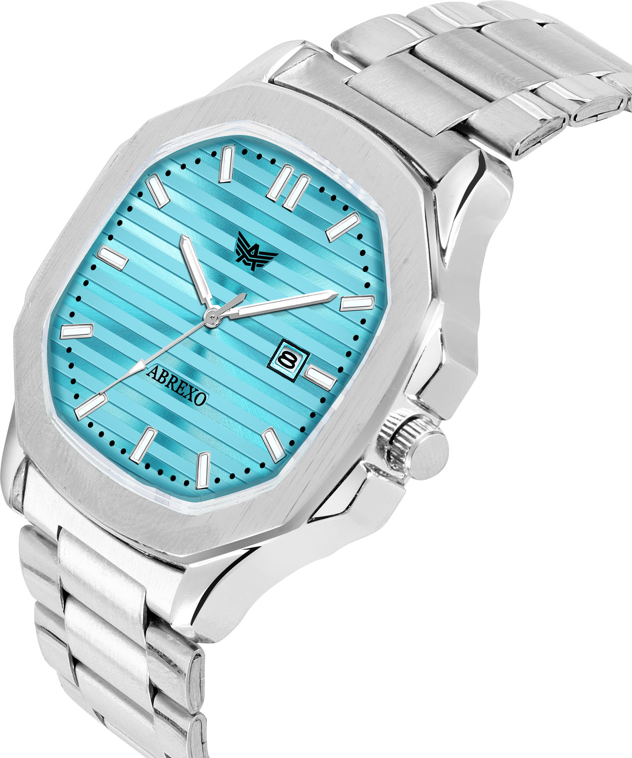 Image of ABREXO Abx7000- Silver + C2 Silver Chain & Bracelet Skyblue Dial Date Working Watch With Designer Chain & Bracelet Combo for Boys Analog Watch - For Men