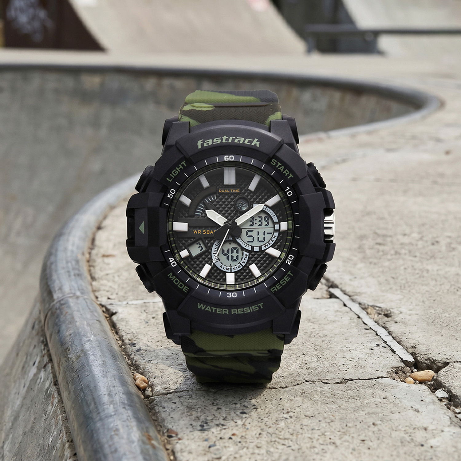 Image of Fastrack Streetstyle 6 Fastrack Streetstyle 6 Ana Digi Black Dial Camo Green Polyether Strap Analog-Digital Watch - For Men