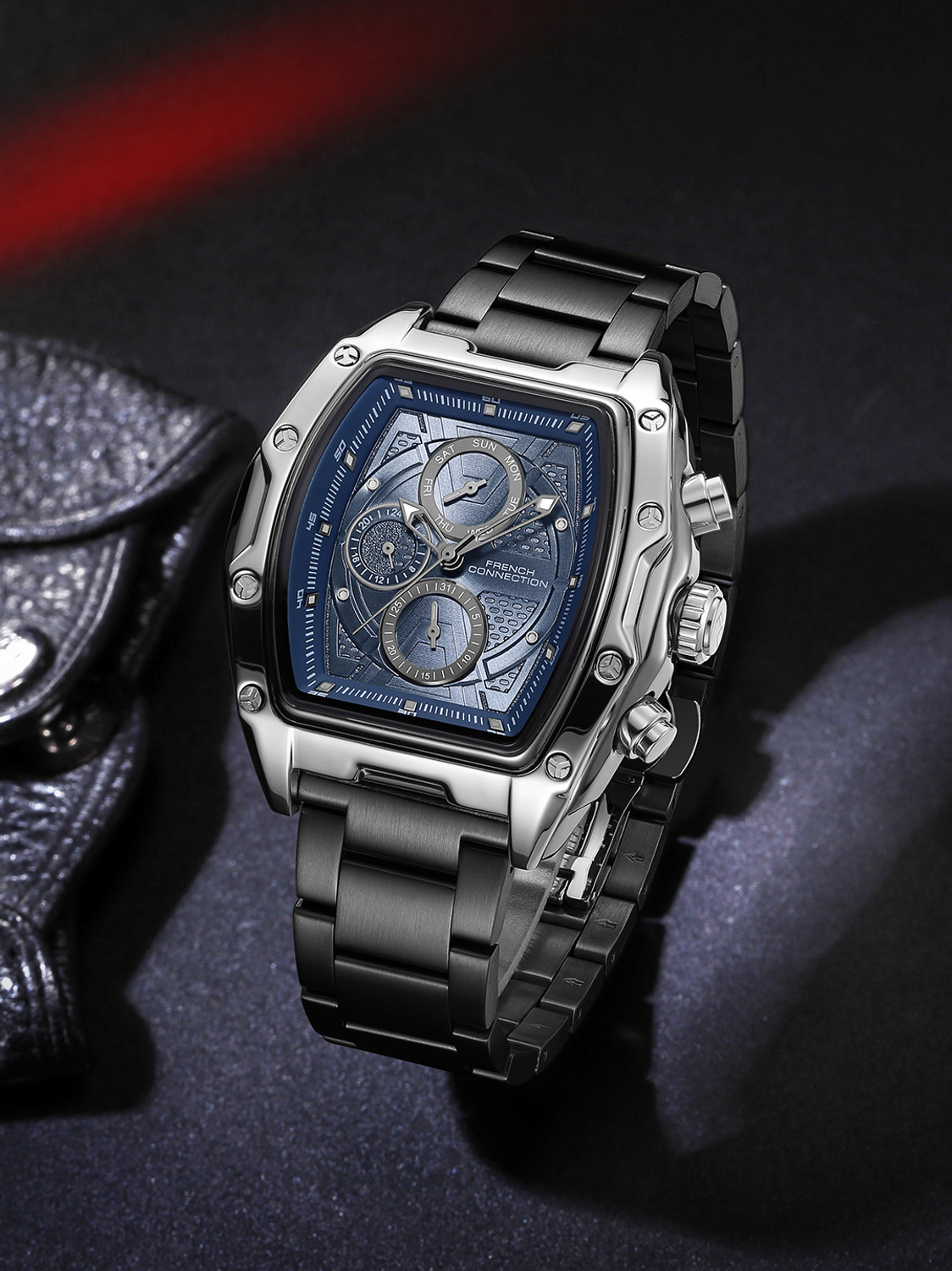 Image of French Connection POWERCHRON Blue Texture Tonneau Dial | Grey Stainless Steel Chronograph Watch for Men Analog Watch - For Men