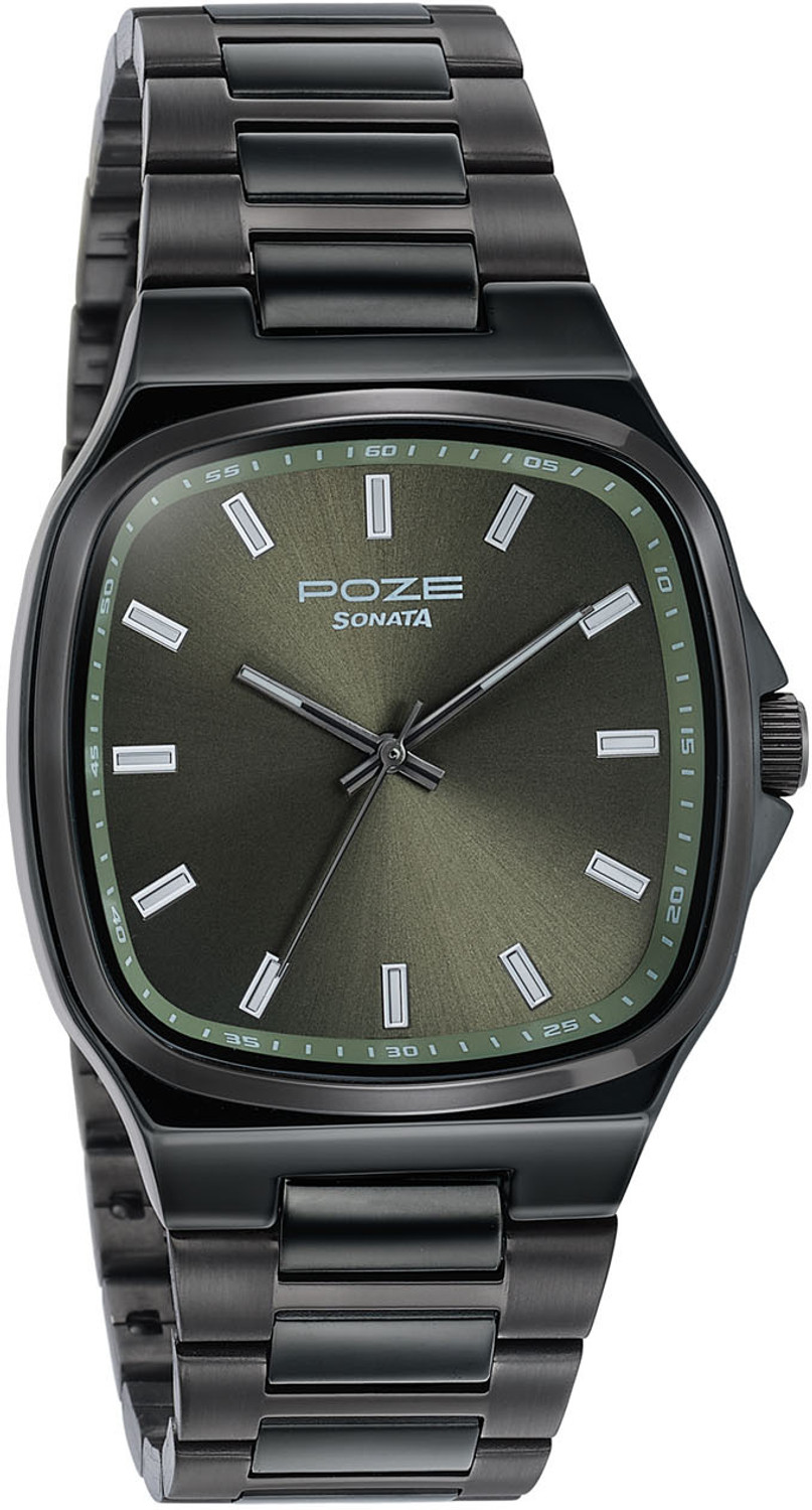 Image of SONATA Poze Drop 9.2 Poze 9 Quartz Olive Dial IP Gun Sheet Metal Strap Analog Watch - For Men