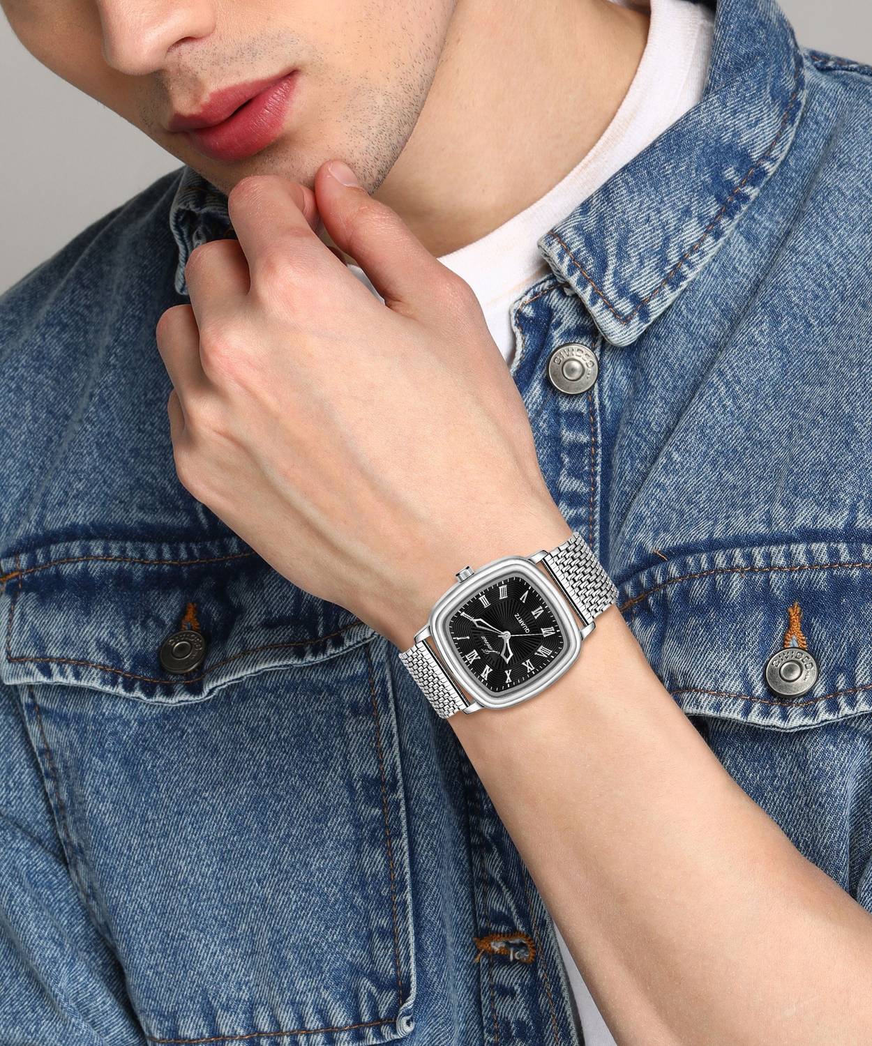 JAINX Black Square Dial Steel Chain Vintage Analog Watch - Image 2
