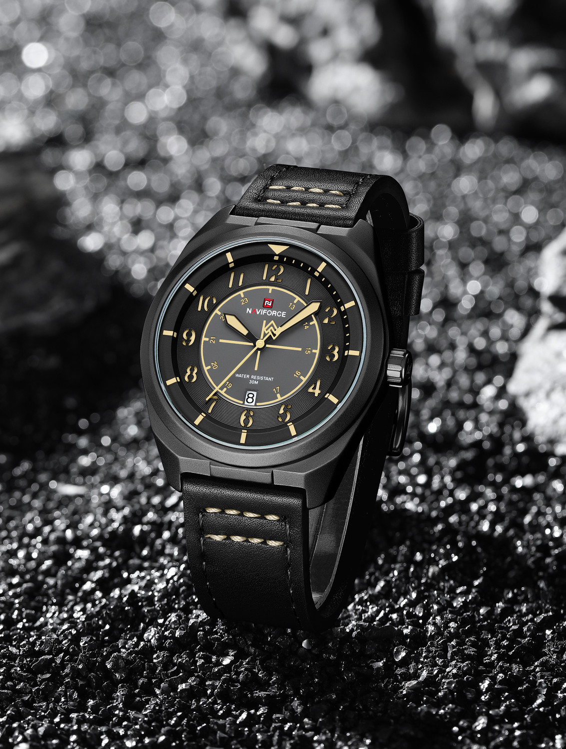 Image of NAVIFORCE Black-Yellow Case With Black Leather strap Analog Watch - For Men