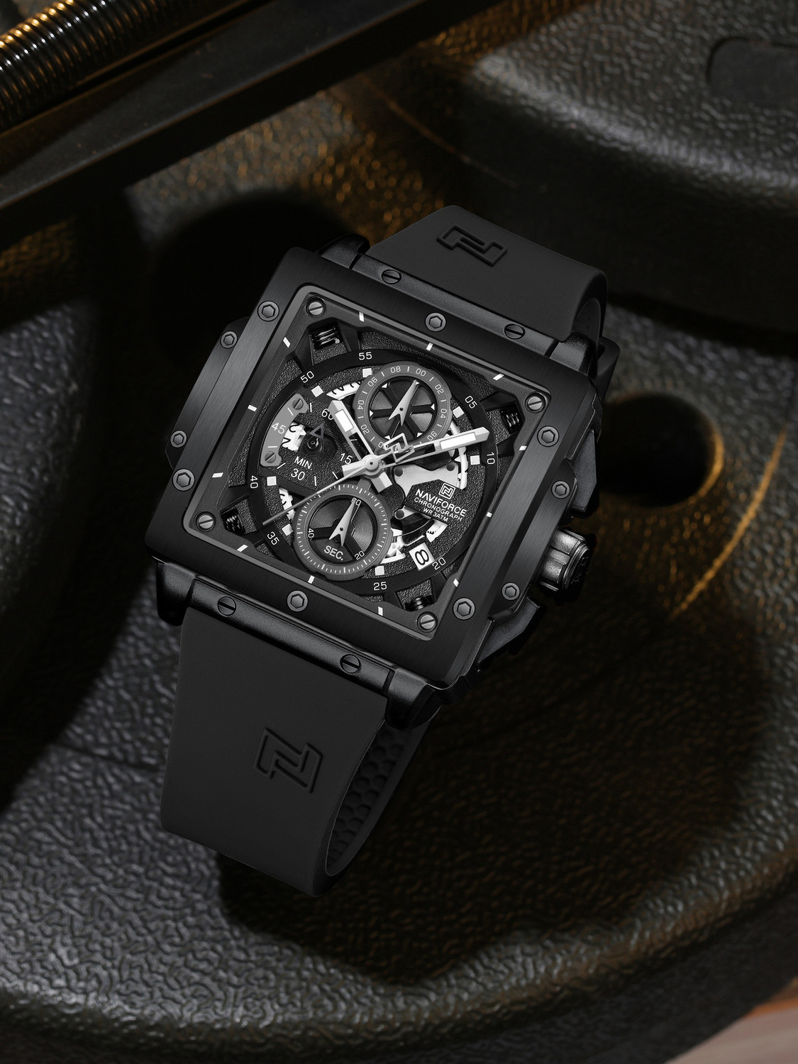 Image of NAVIFORCE NF8064 Elegant Square Black accents chronograph dial with Black Silicon strap Analog Watch - For Men