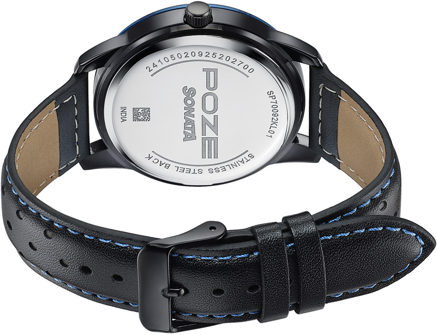 Image of SONATA Poze 7 Sonata Poze 7 Black Dial IP Black + Blue stitch Leather Strap Strap Analog Watch - For Men