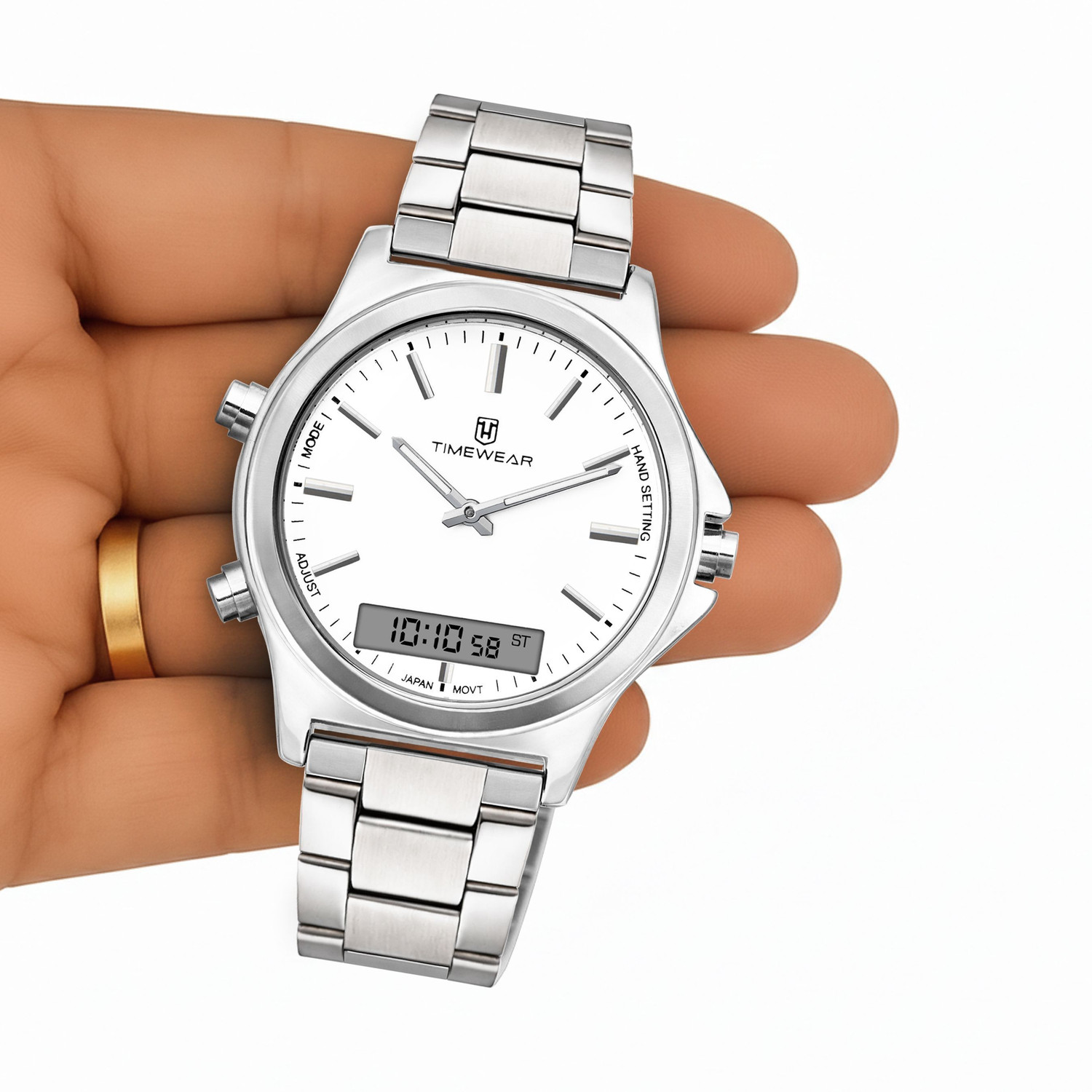 Image of TIMEWEAR 332DACH TIMEWEAR Dualtime White Dial Stainless Steel Chain Quartz Analog-Digital Watch - For Men