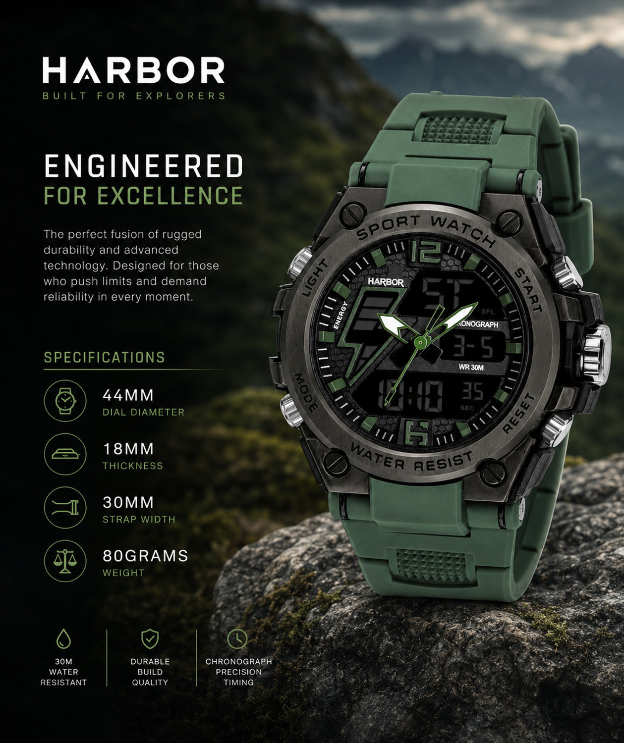 Image of Harbor Outlander 5210 Green Outlander Green PU Strap Water Resistant Multi Functional Sports Watch Analog-Digital Watch - For Men