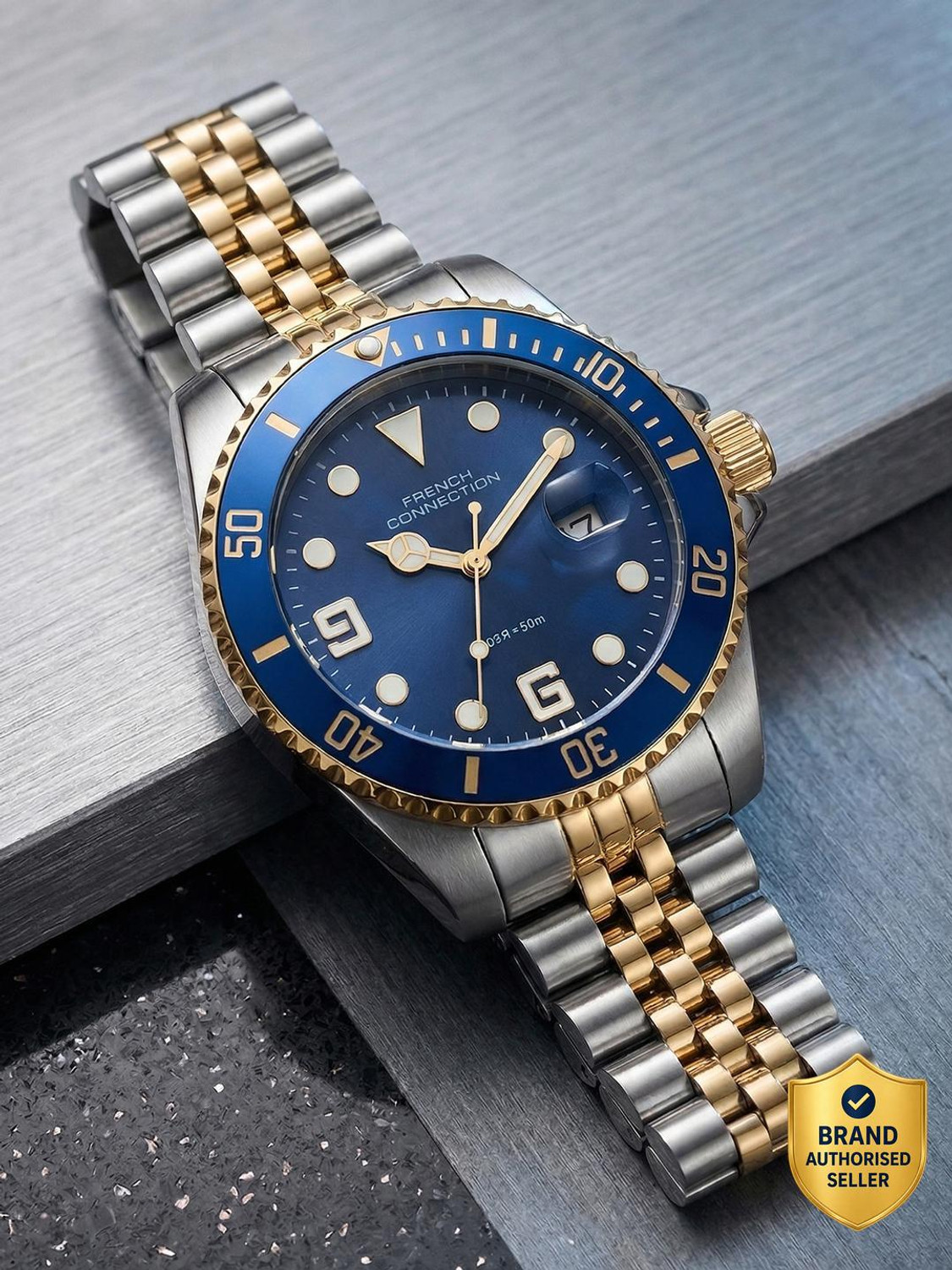 Image of French Connection STEELORA Blue Dated Sunray Round Dial | Gold Stainless Steel Analog Watch for Men Analog Watch - For Men