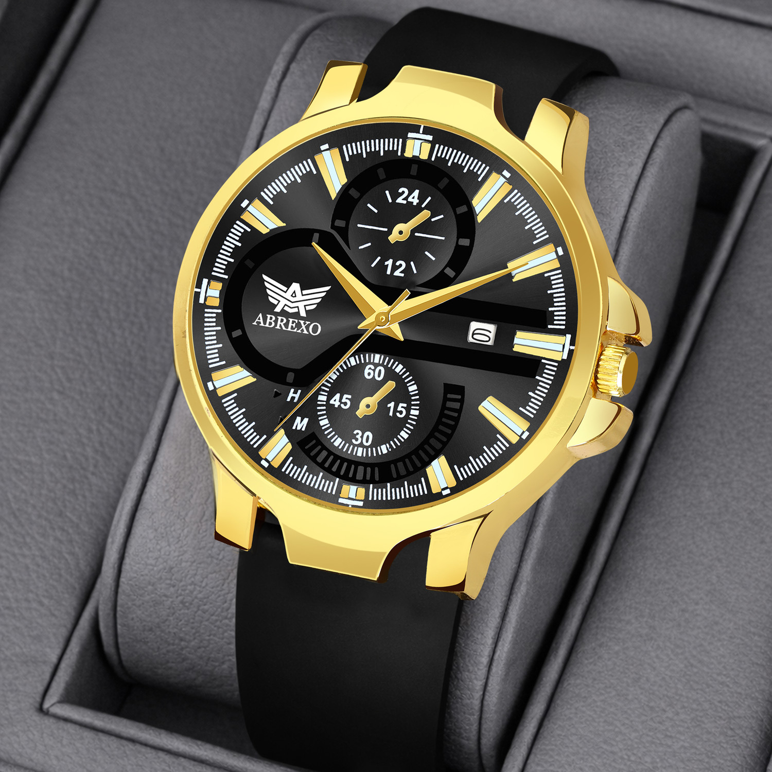 Image of ABREXO Abx3102-GD BK SLN ST ALPHA Series Chrono Look Gold Dial Date Working Black Silicon Strap Boys Analog Watch - For Men