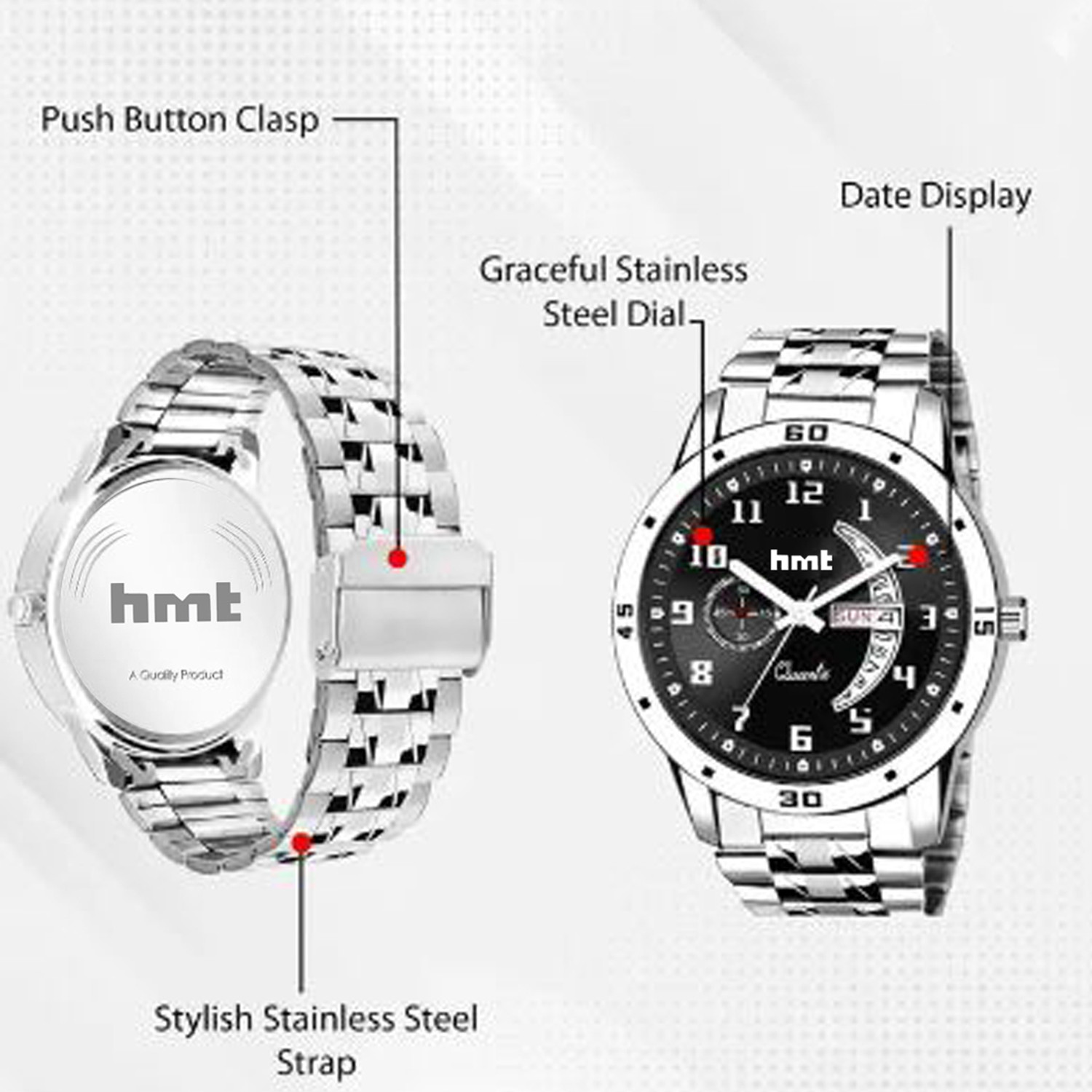Image of HMT DLX Day & Date Series Original Black HMTS Quartz Steel Wrist Watch Analog Watch - For Men