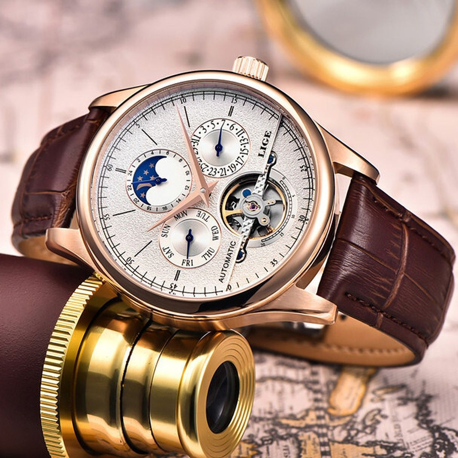 Image of Lige Mens Watch Automatic Mechanical Skeleton Luxury Leather strap wrist Watch Analog Watch - For Men