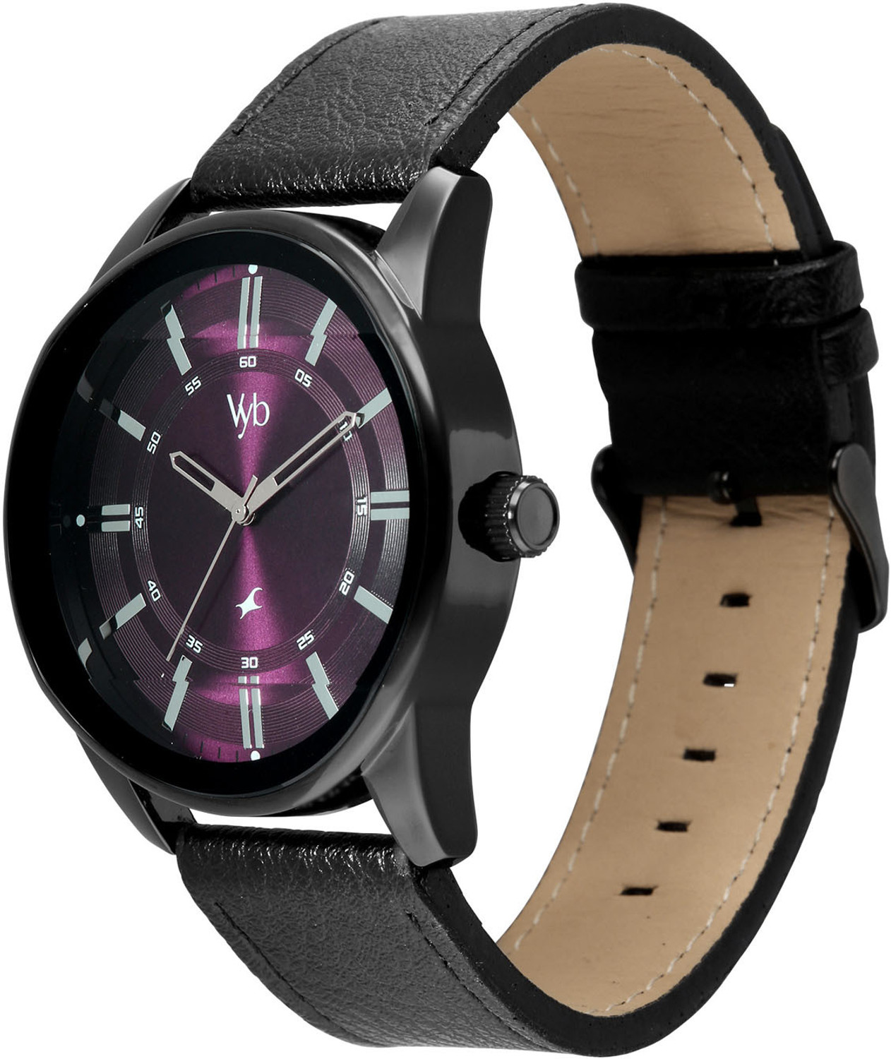 Image of Fastrack Vyb Drift 3 Hands Purple Dial Black Leather Strap Analog Watch - For Men FV30021NL02W