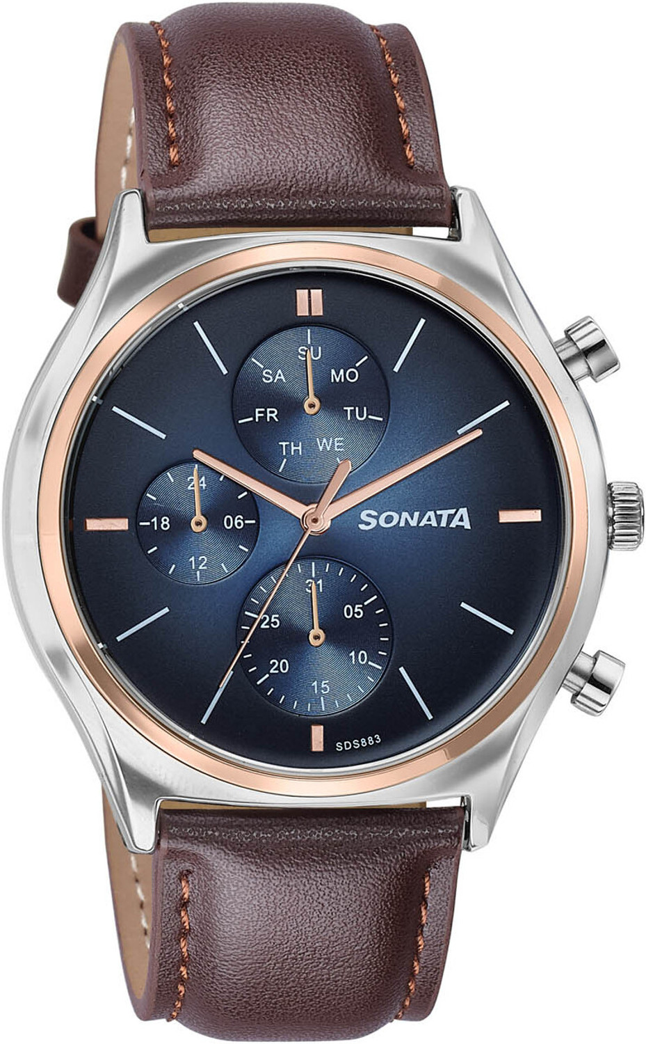 Image of SONATA Festive 2.0 Ph II Sonata Festive 2.0 Quartz Navy blue Dial Brown Leather Strap Analog Watch - For Men