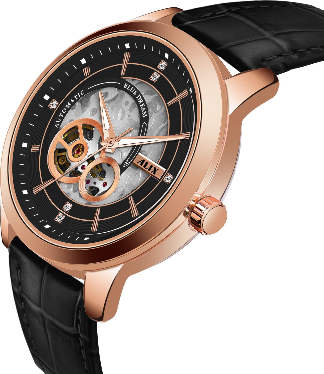 Image of Alix AL2910 Automatic Skeleton black dial with rosegold case shopisticated attire Analog Watch - For Men