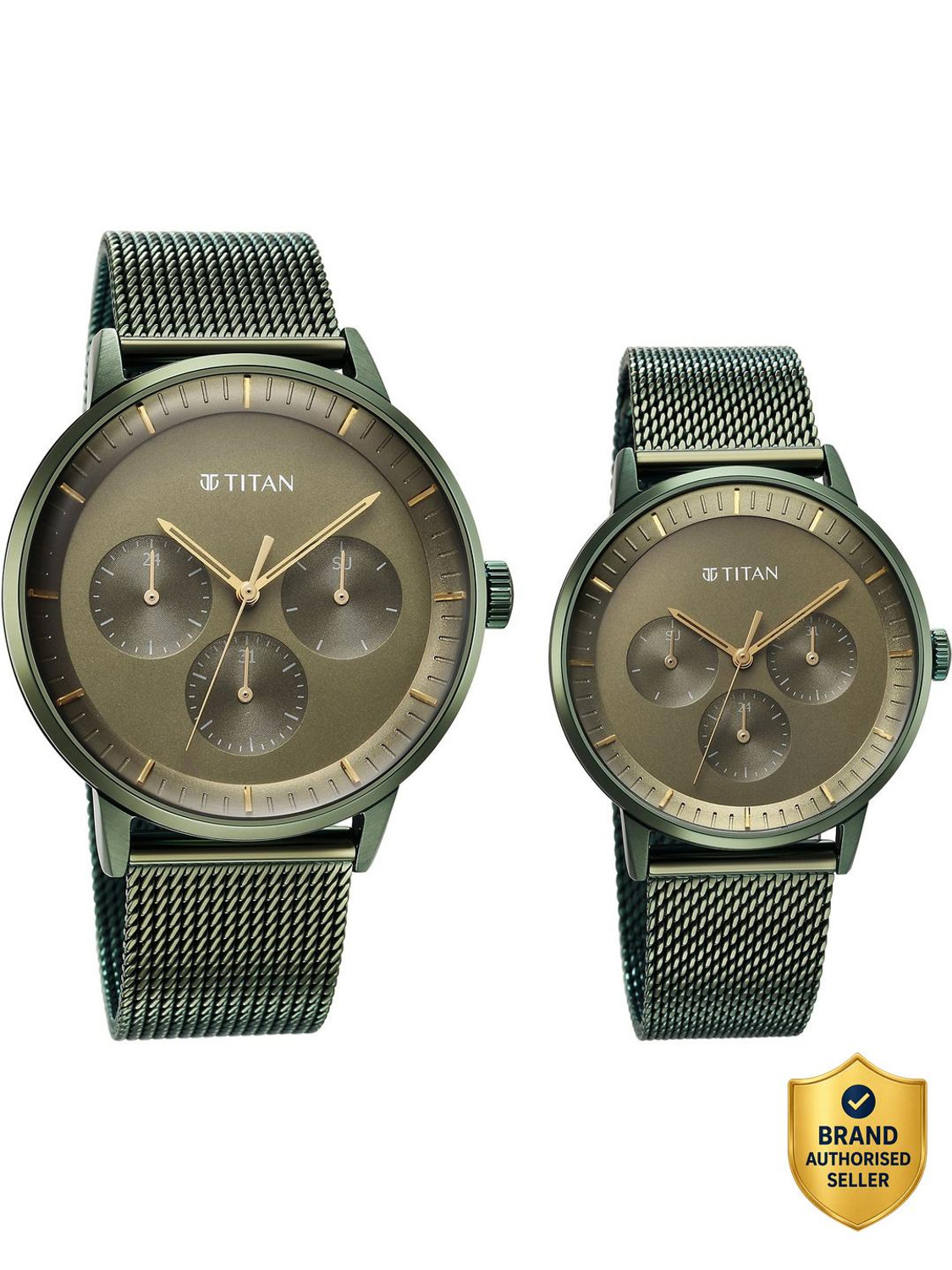 Image of Titan Bandhan Multifunction Green Dial Green SS Strap Couple Analog Watch - For Couple NT9400694206QM02,9400994209WM01,NU9400694206QM02
