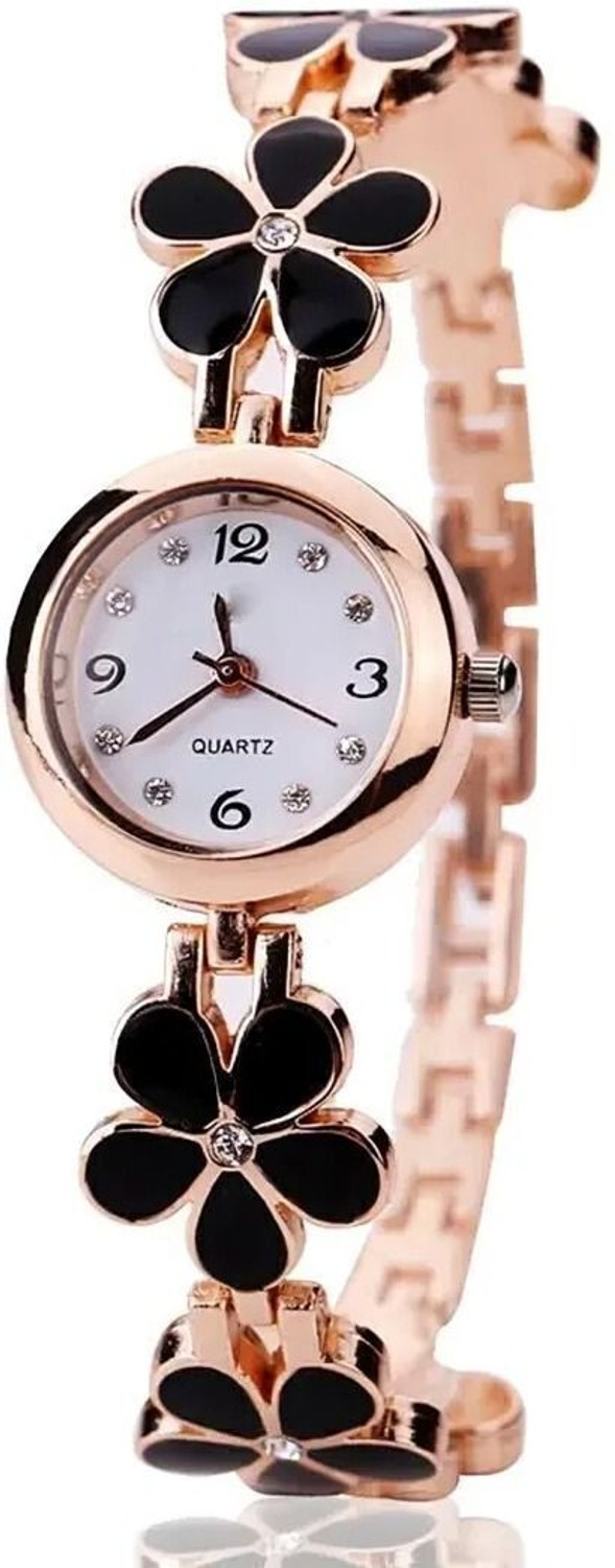 Image of RareEagle RE-FLR-BKL-01 RareEagle Blossom Beauty Series Floral Bracelet Black Girls Analog Watch Analog Watch - For Girls