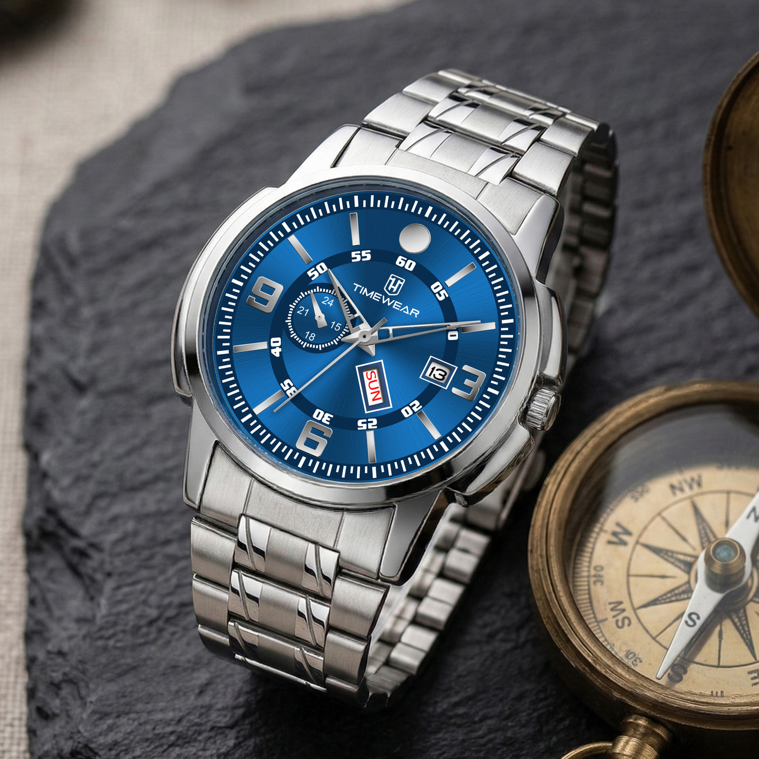 Image of TIMEWEAR 340BDTG Blue Dial Day Date Functioning Stainless Steel Chain Analog Watch - For Men