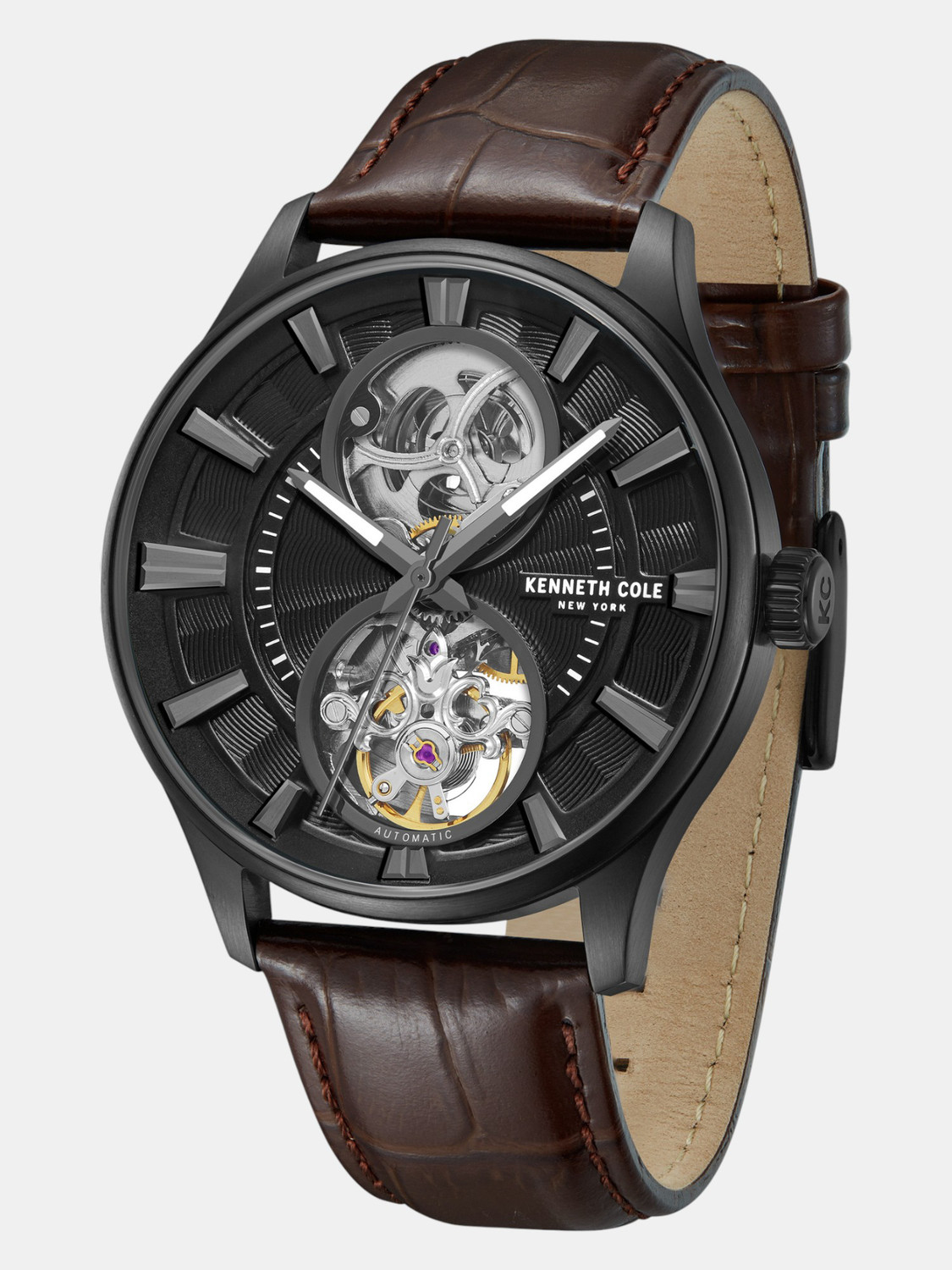 Image of Kenneth Cole Kenneth Cole Automatic Black Dial Brown Leather Strap Analog Watch - For Men