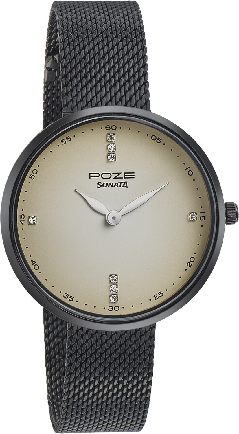 Image of SONATA Poze Poze White Dial Black Metal Strap Analog Watch - For Women