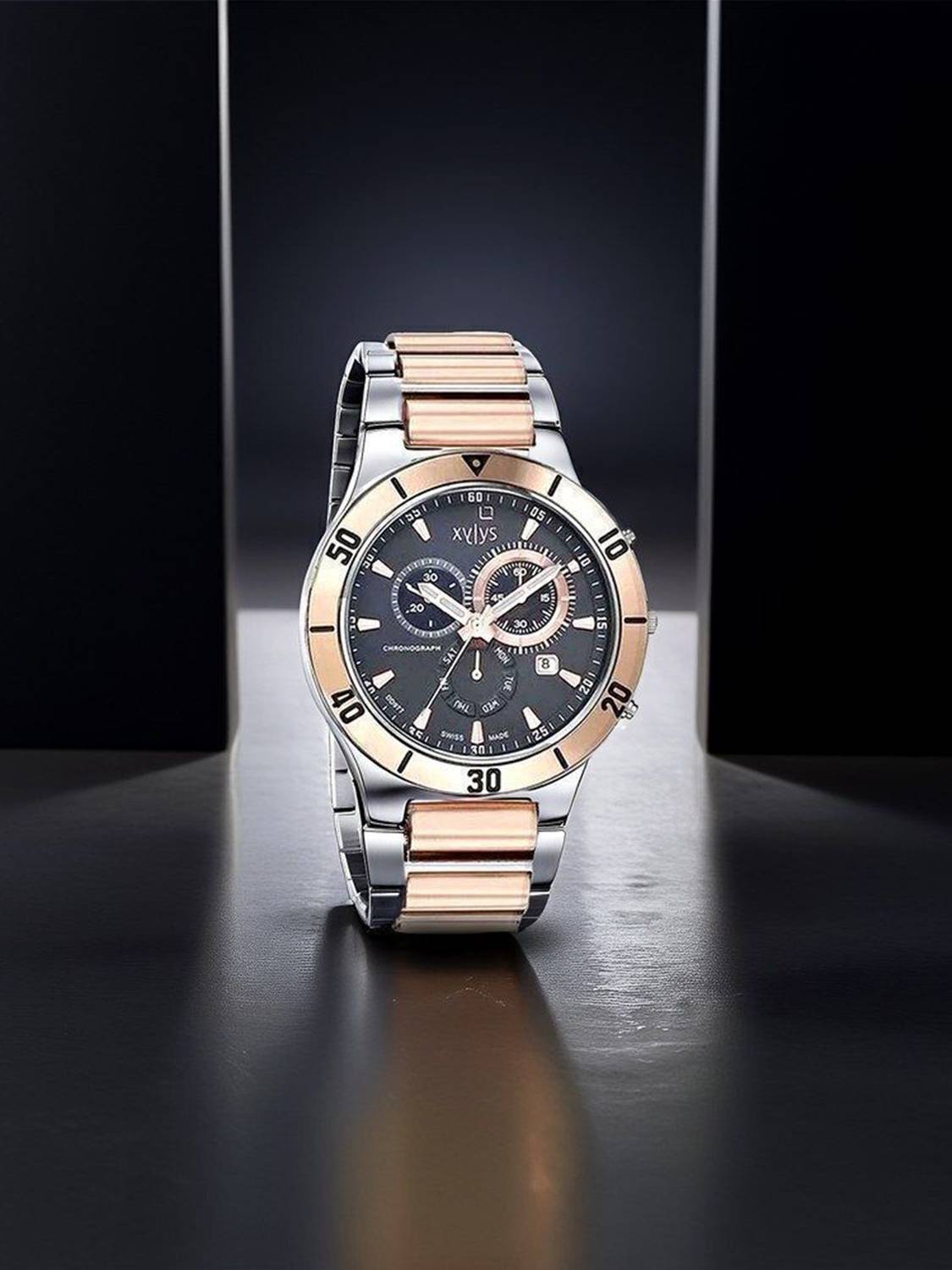 206⭐︎REVROS2004H XYLYS Xylys SwiSS Chronograph Black Dial Silver & Rose Gold SS