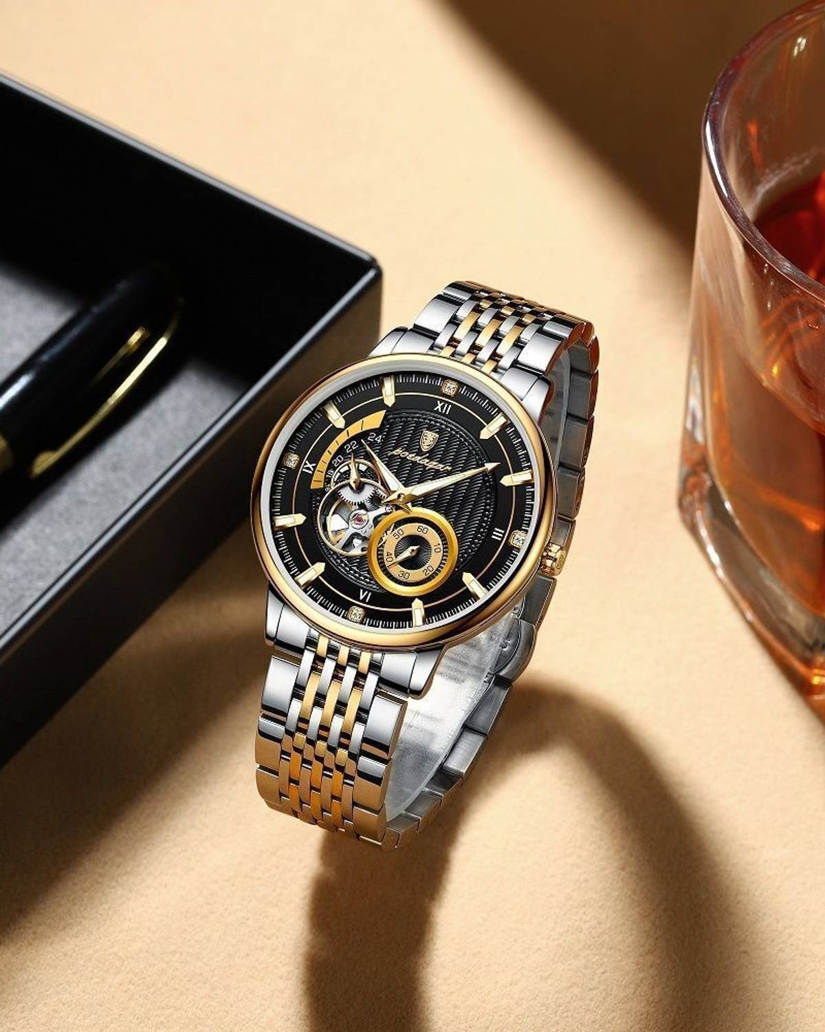OVERFLY POEDAGAR Mens Watch Automatic Mechanical Skeleton Dial Luxury Golden Wrist Watch Analog Watch  - For Men