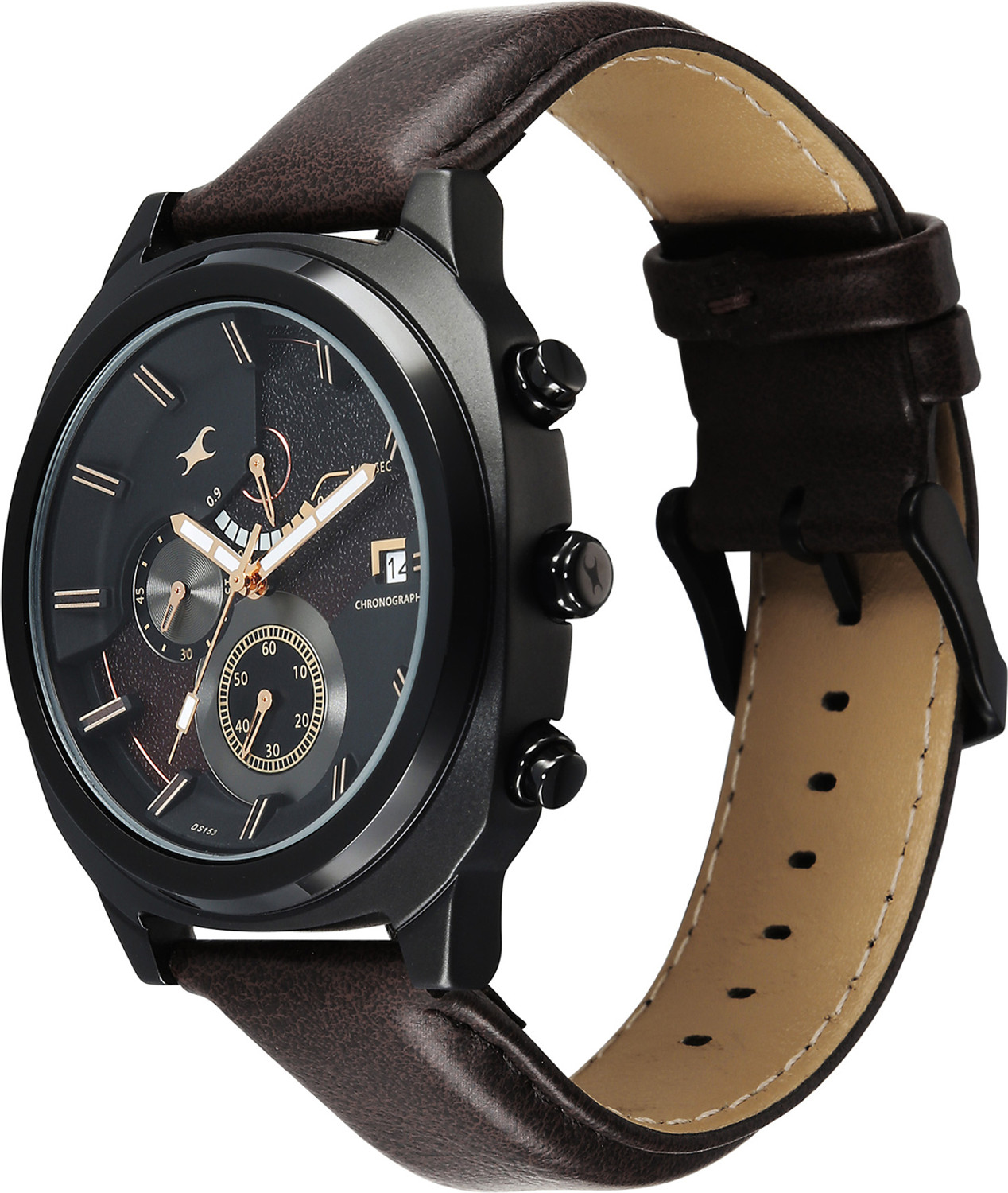 Image of Fastrack Fastrack Kronos 3 Fastrack Kronos 3 Quartz Black Dial Brown Leather Strap Analog Watch - For Men