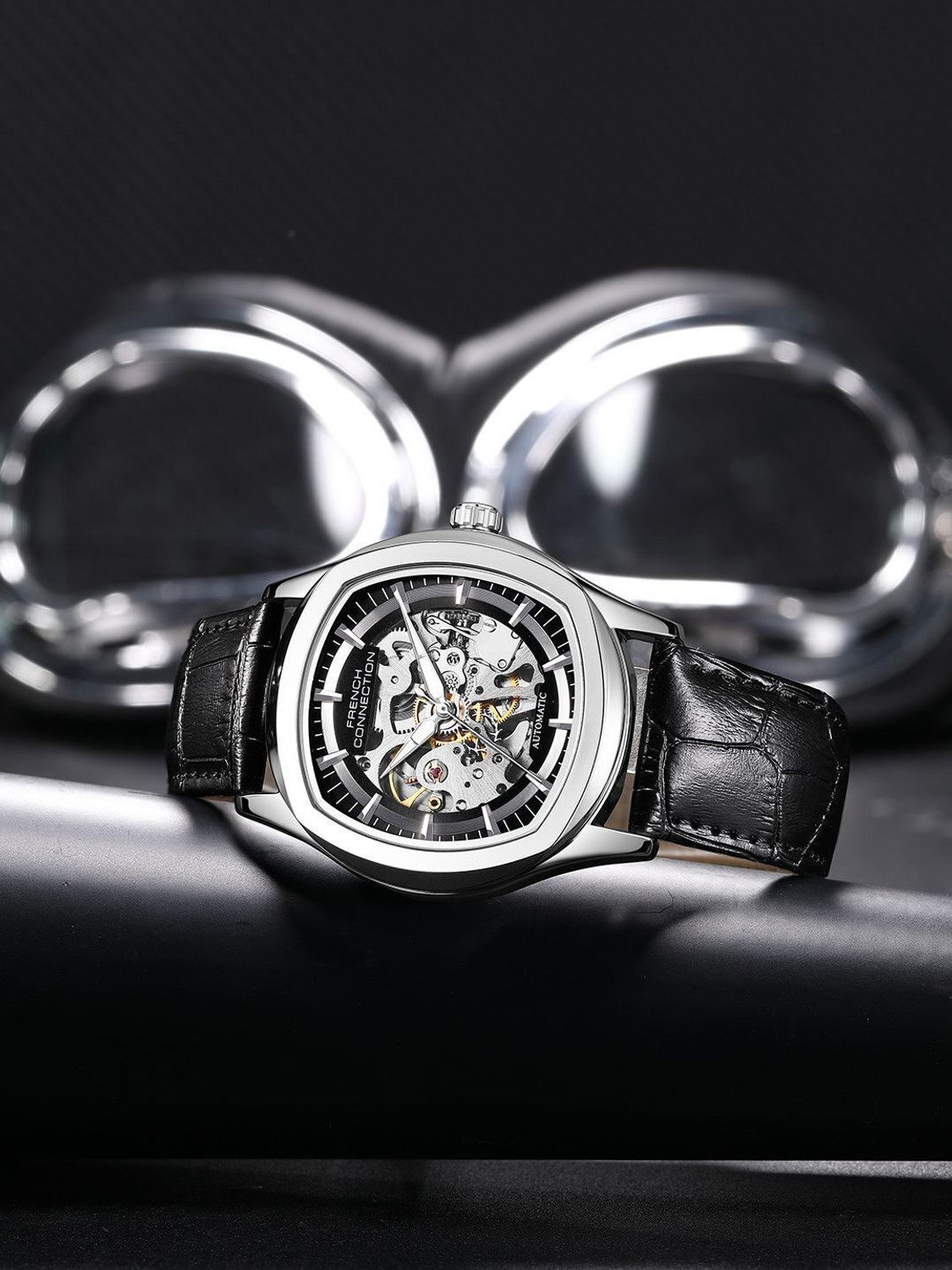 Image of French Connection GEARION Silver Skeleton Round Dial | Black Leather Automatic Watch for Men Analog Watch - For Men