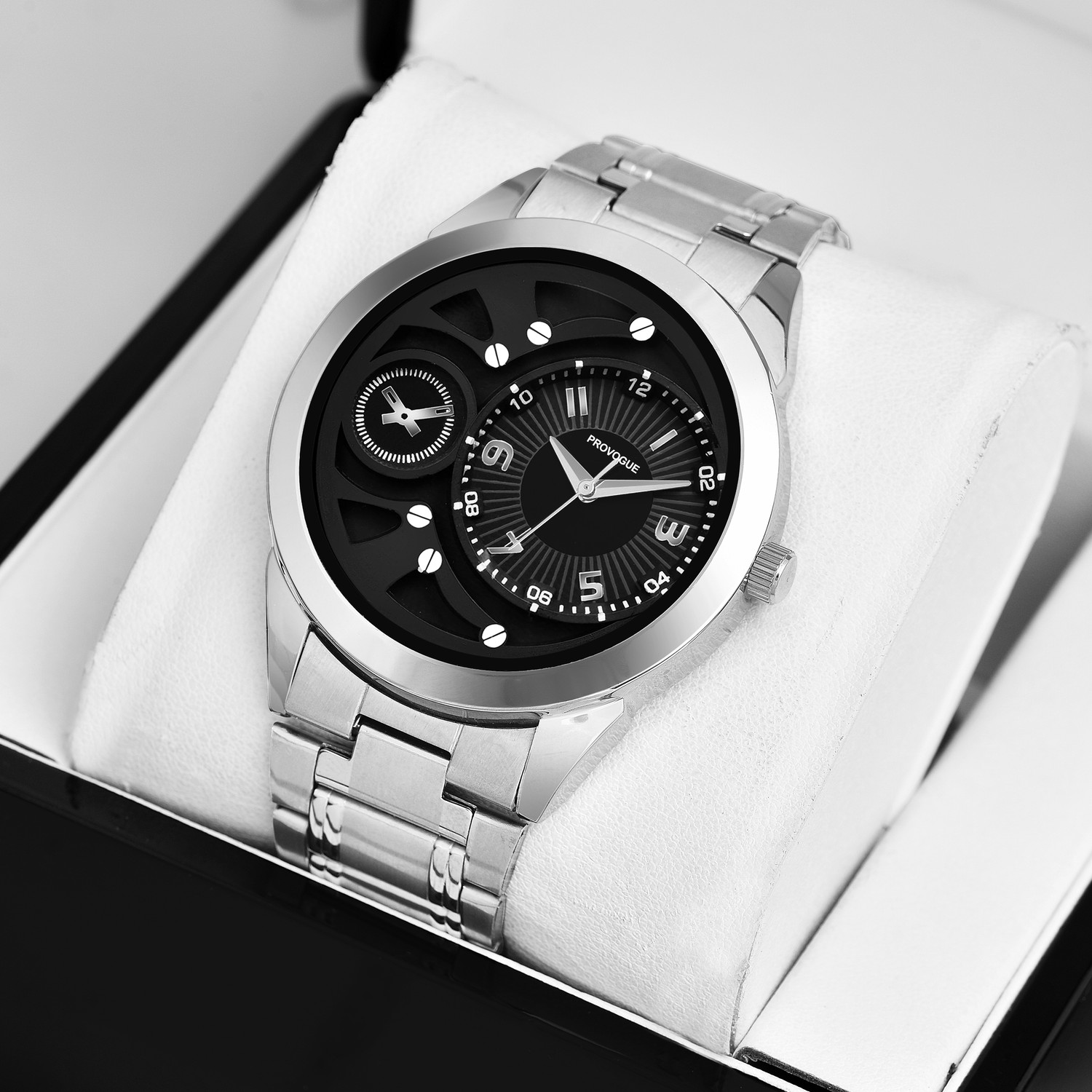 Image of PROVOGUE Fashionable Silver Case with Textured Black Dial Analog Watch - For Men