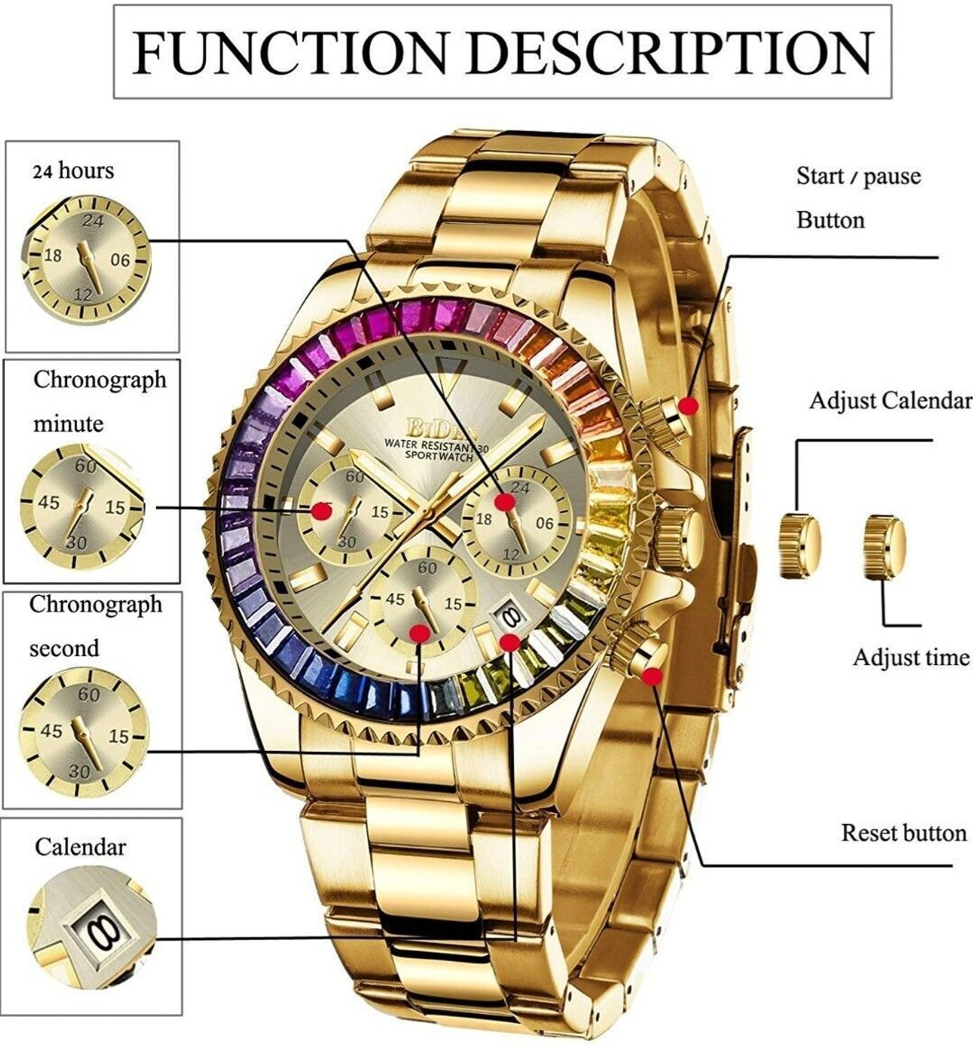 Image of BIDEN Mens Watch Chronograph Luxury Golden wrist Watch Rainbow Case Analog Watch - For Men