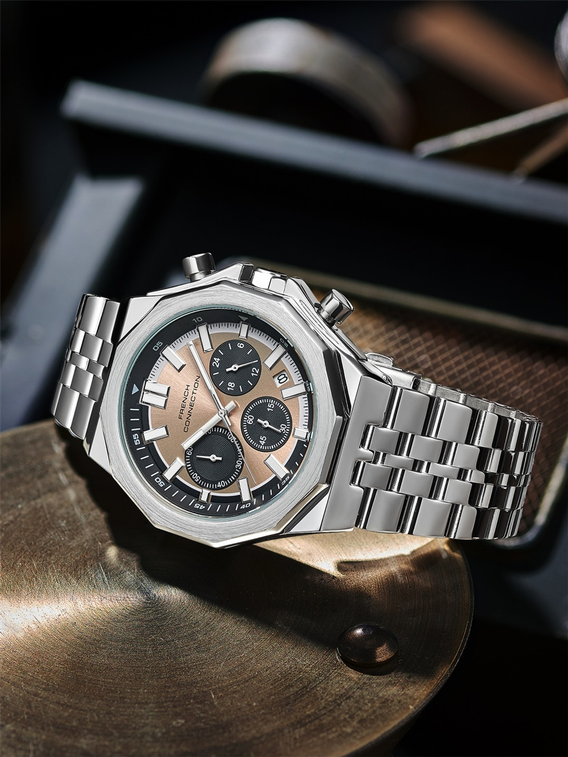 Image of French Connection CROWNEX Beige Sunray Round Dial | Silver Stainless steel Chronograph Watch for Men Analog Watch - For Men