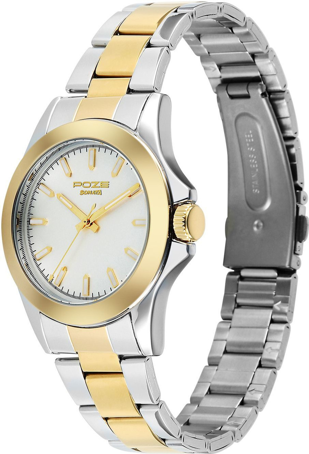 Image of SONATA POZE DROP 8 Sonata Poze 8 Quartz White Dial IPS+IPG Stainless Steel Strap Analog Watch - For Men