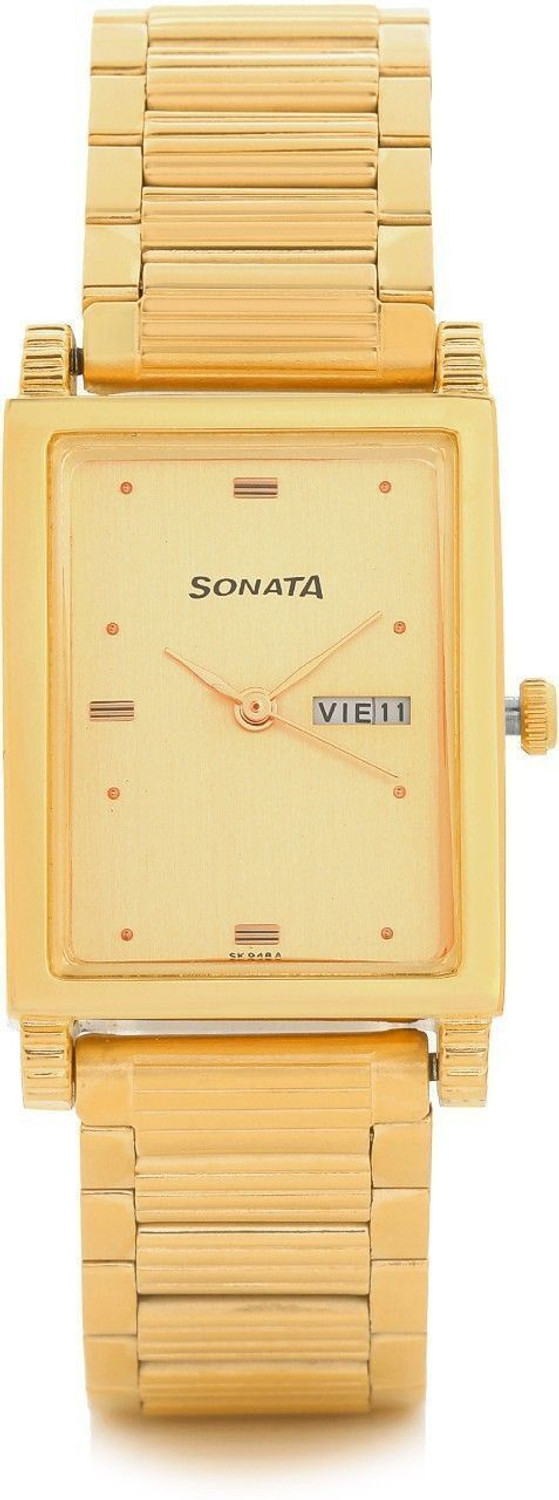 Image of SONATA NP7058YM05 Sonata with Day & Date Champagne Dial Gold Stainless Steel Strap Analog Watch - For Men