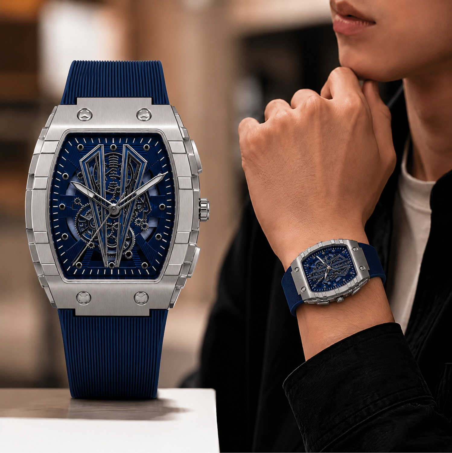 Image of MAAN INTERNATIONAL VTX-2406 Obsidian Vortex Series Skeleton Dial Tonneau Shape Case Premium Silicone Strap Analog Watch - For Men