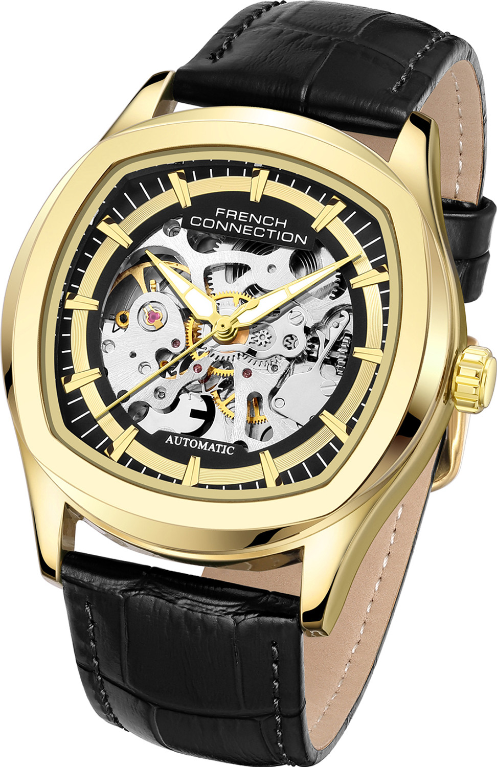 Image of French Connection Black Skeleton Round Dial | Black Leather Automatic Watch for Men Analog Watch - For Men