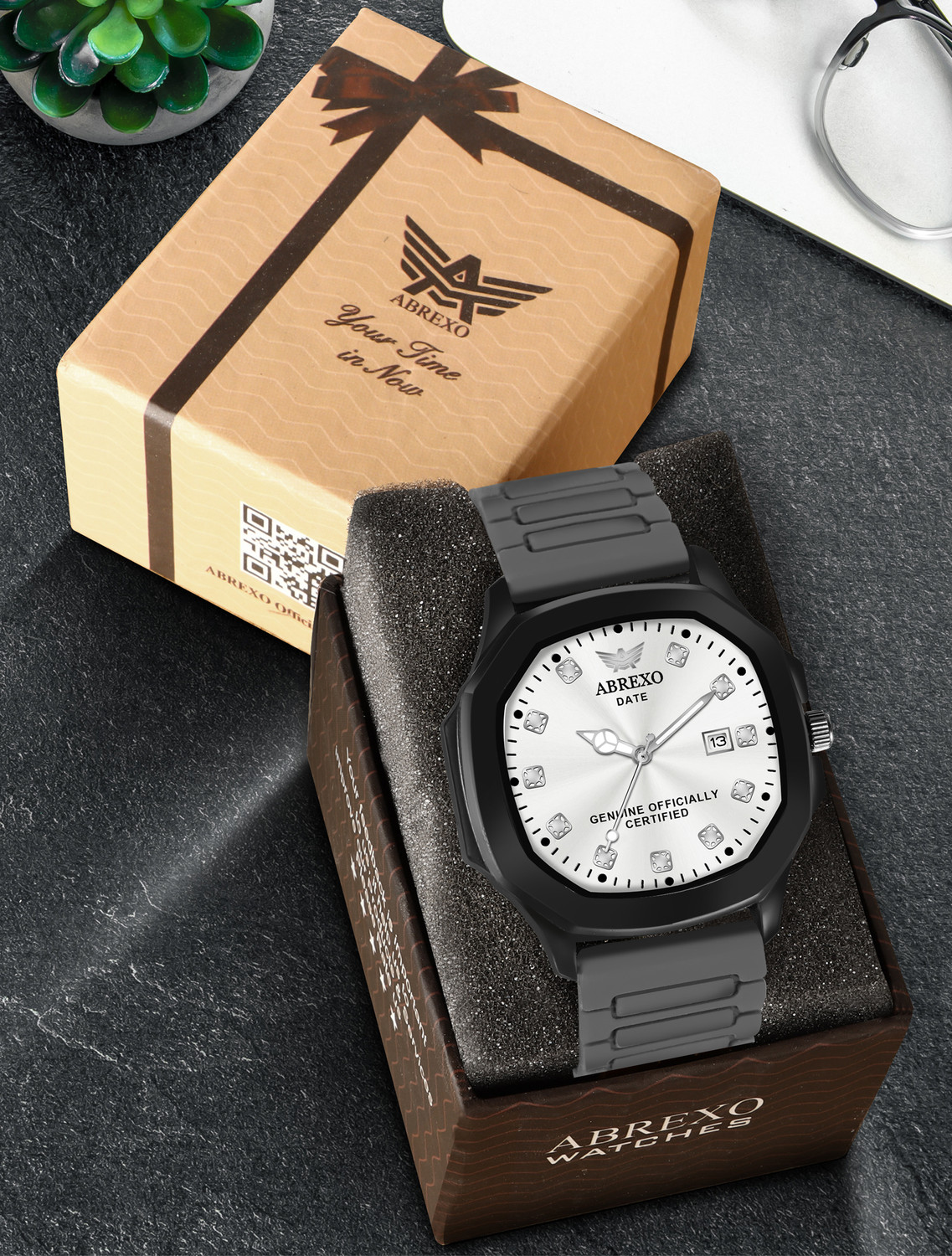 Image of ABREXO Abx7200 SL GR MGT ST New Arrival Arabic Style Silicone Magnet Strap Date Working QuartzWatch For Boys Analog Watch - For Men
