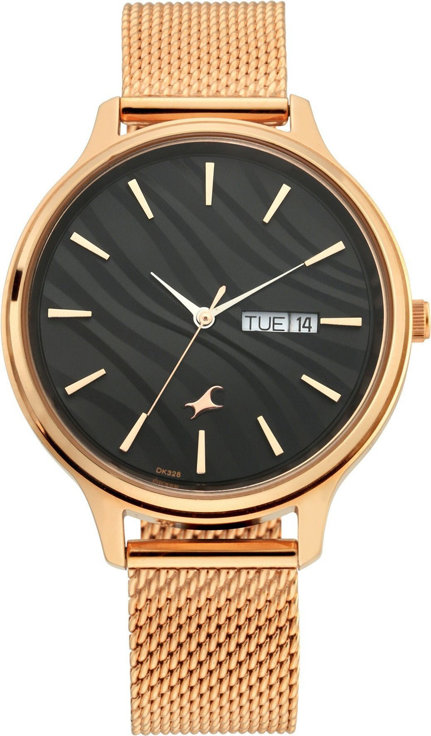 Image of Fastrack NP6207WM01 Fastrack Ruffles Black Dial Rose Gold Stainless Steel Strap Analog Watch - For Girls