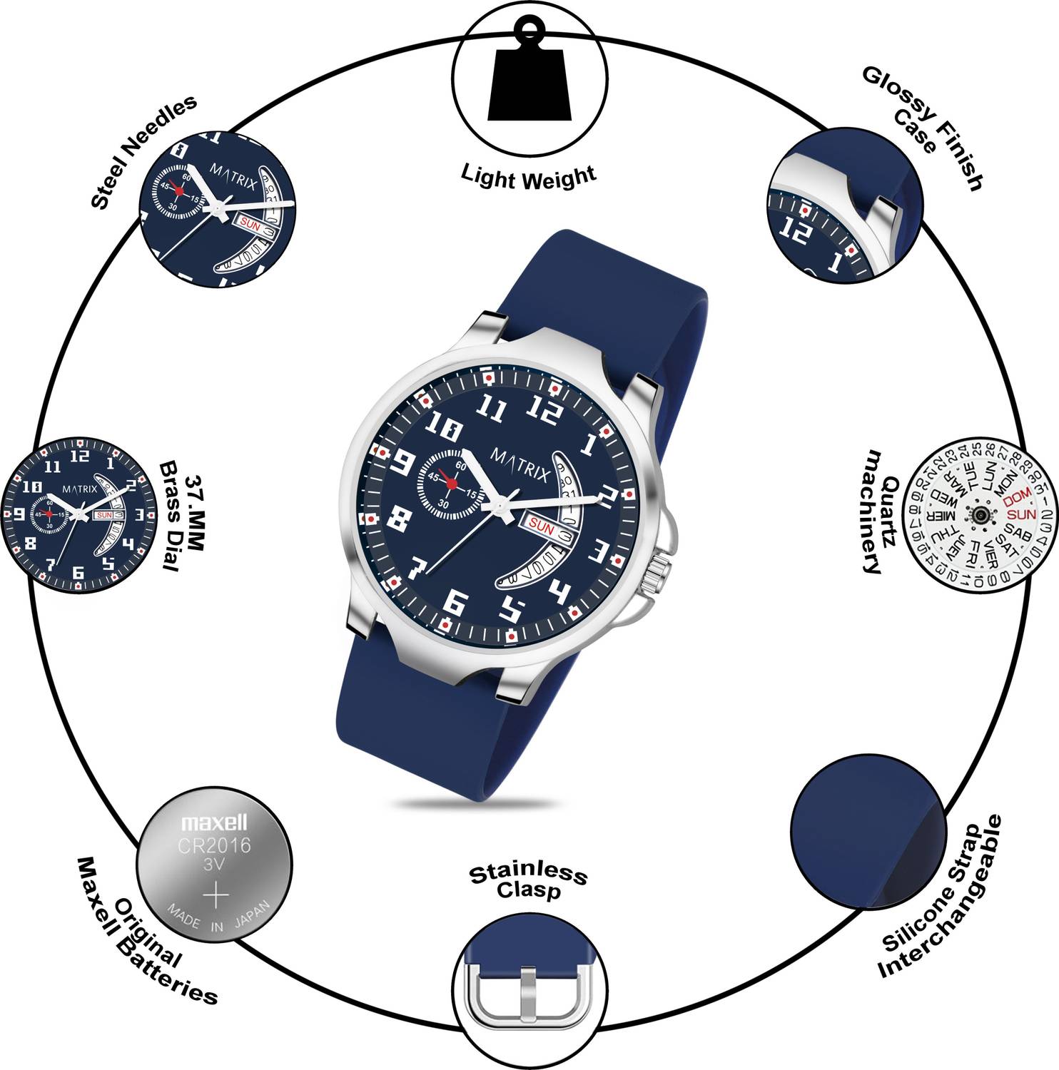 MATRIX DD-0118-BLUE Day & Date Analog Watch - Blue - Image 4