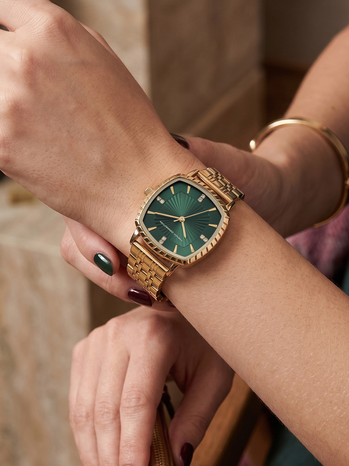 Image of French Connection LUMINEA Green Texture Square Dial | Gold Stainless Steel Analog Watch for Women Analog Watch - For Women