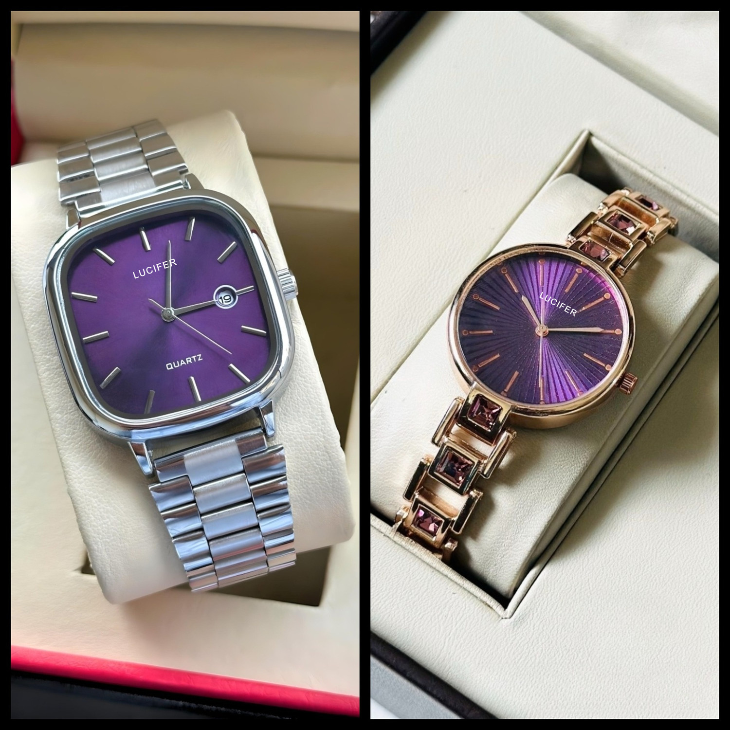 Image of Lucifer AVM31 PURPLE , CK PURPLE Premium Couple Watch Group, matching dial, Link Stainless Steel Strap,Date watch Analog Watch - For Couple